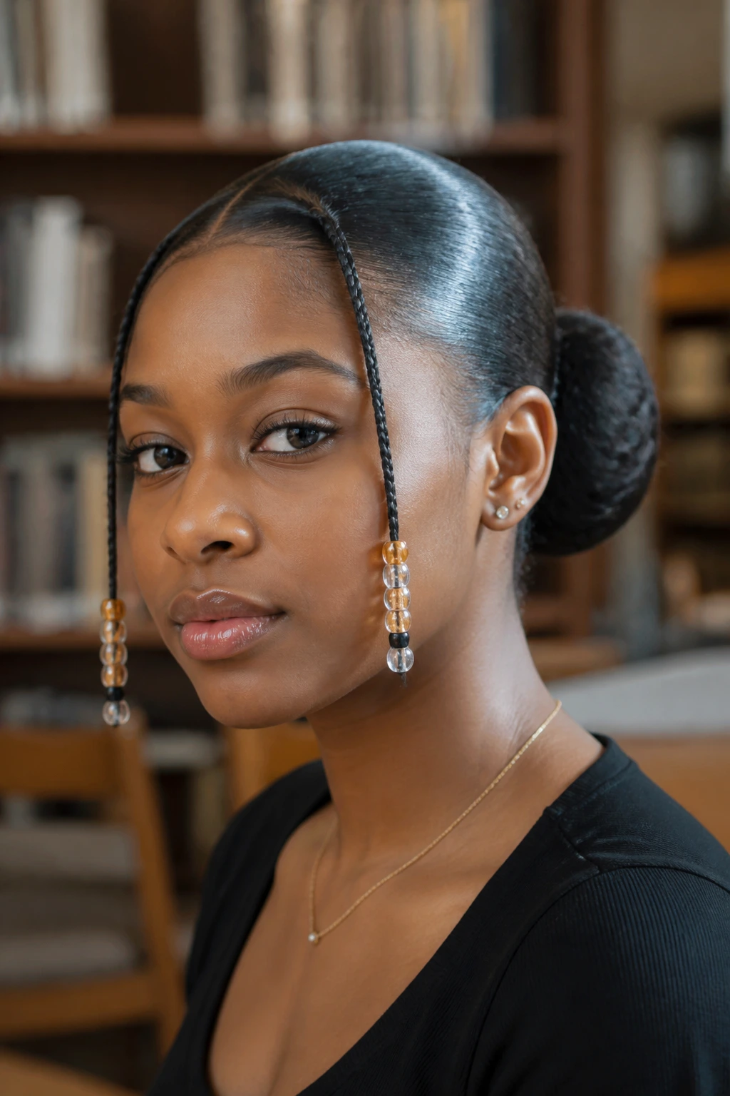 Close-up portrait of a person with a sleeked-back bun and beaded strands