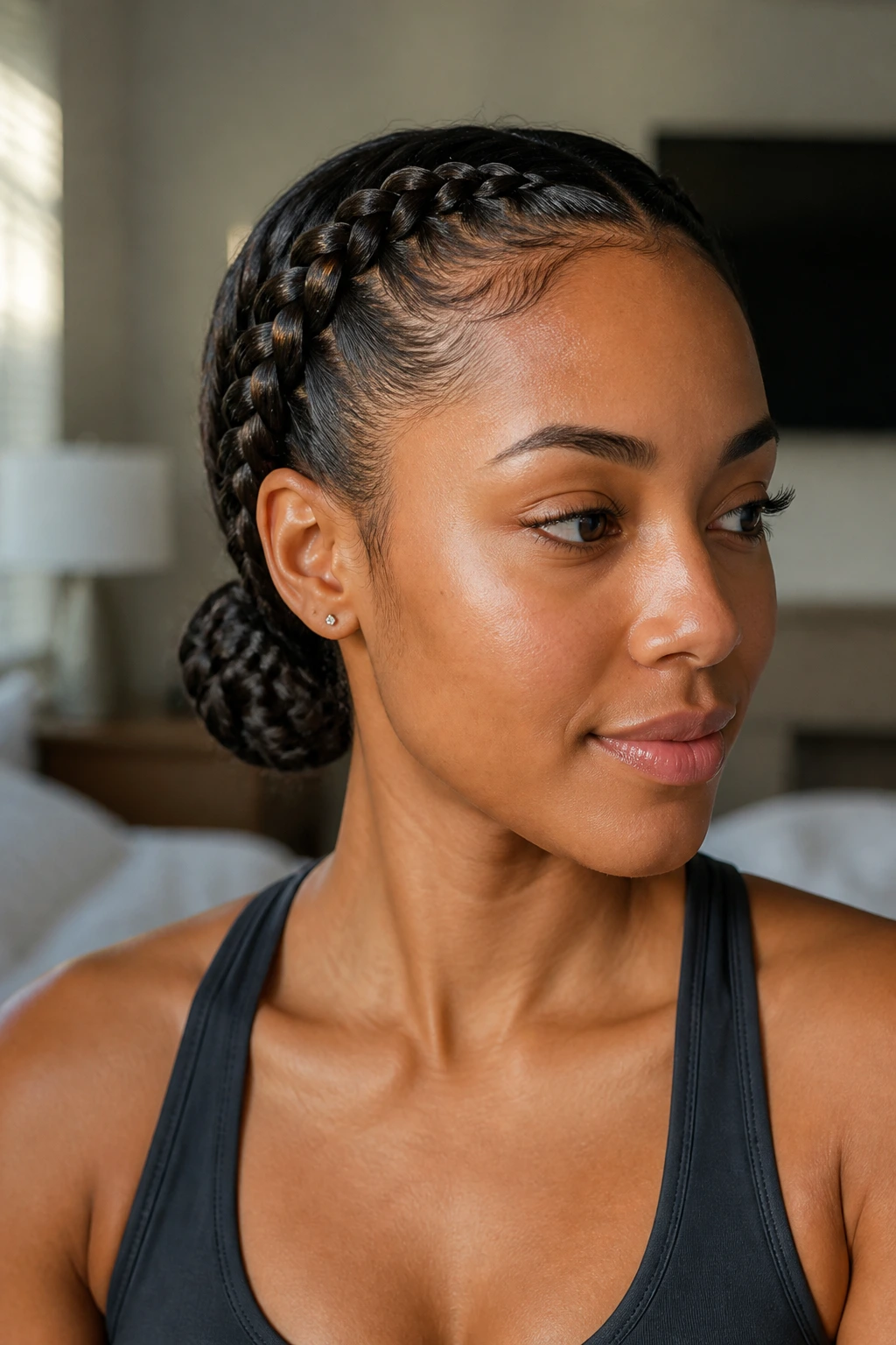 Close-up of a real woman with two goddess braids twisted into a sleek low bun at the nape