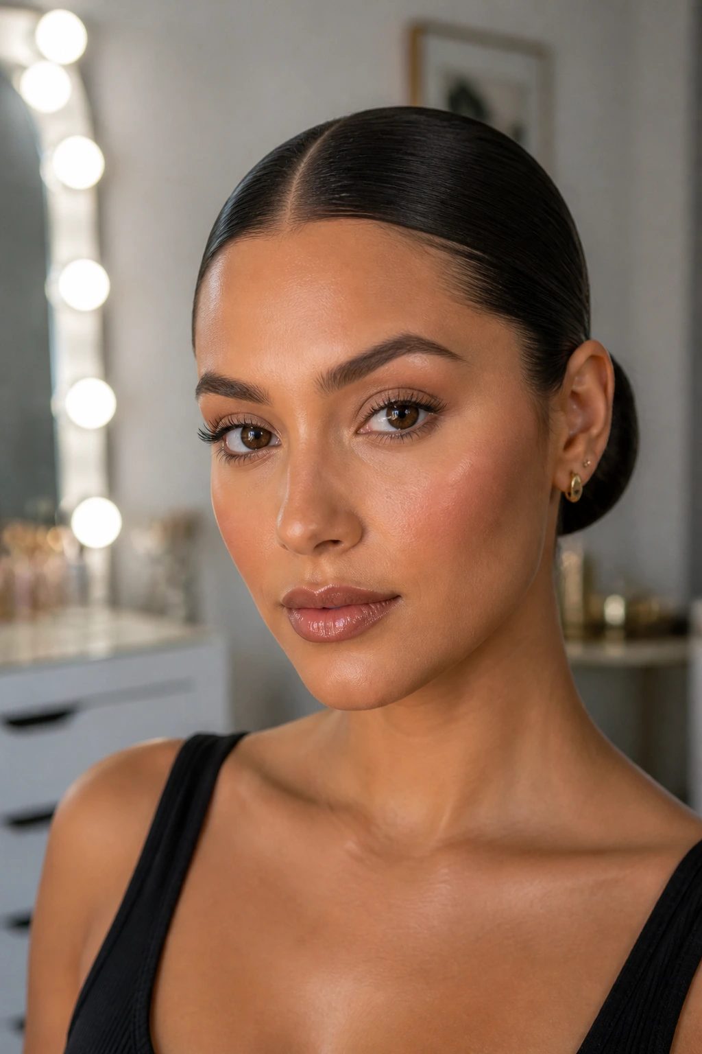Real person with sleek bun and center part, close-up portrait