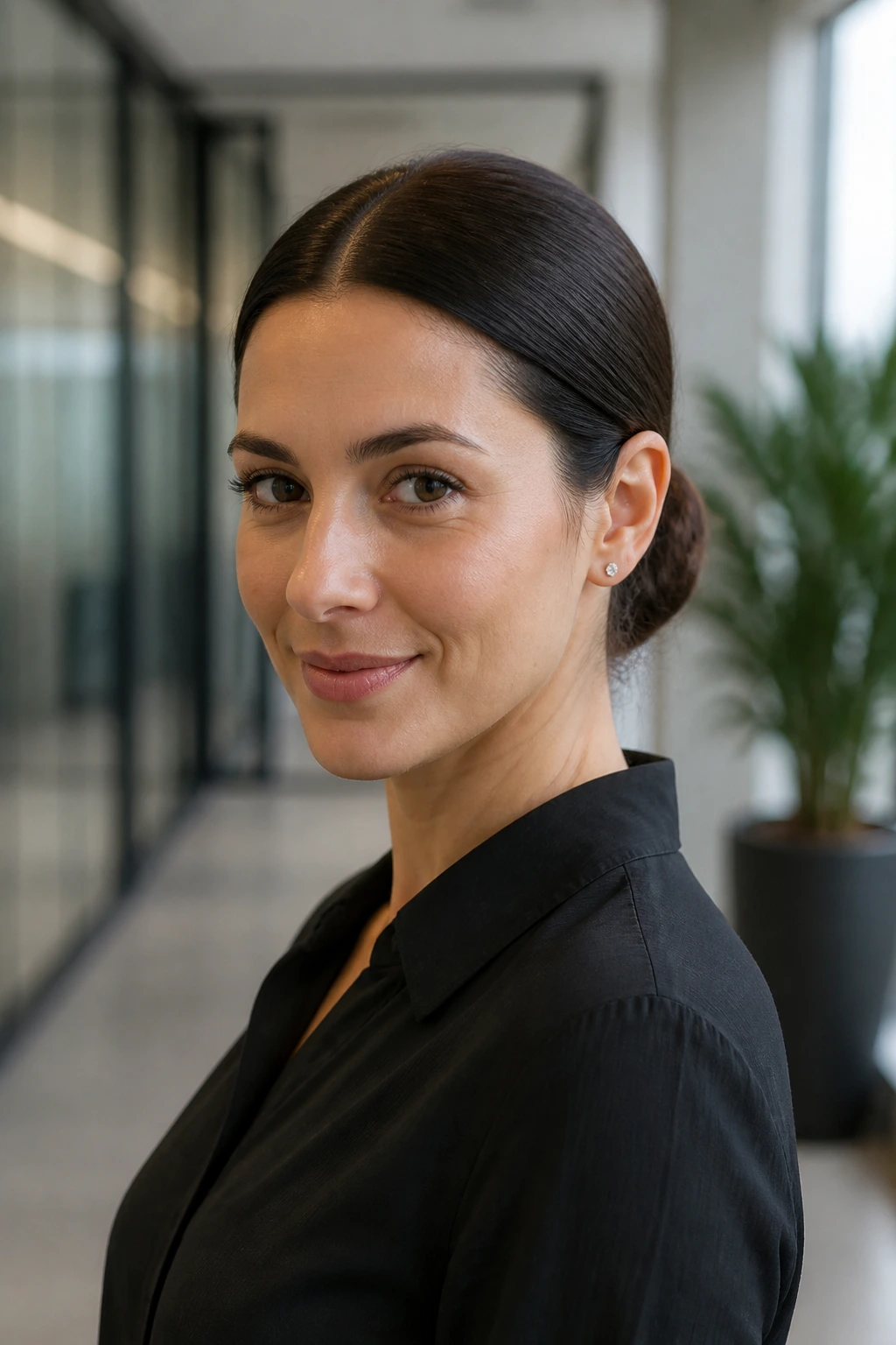 Close-up of a woman with a sleek low bun and center part in a modern office.