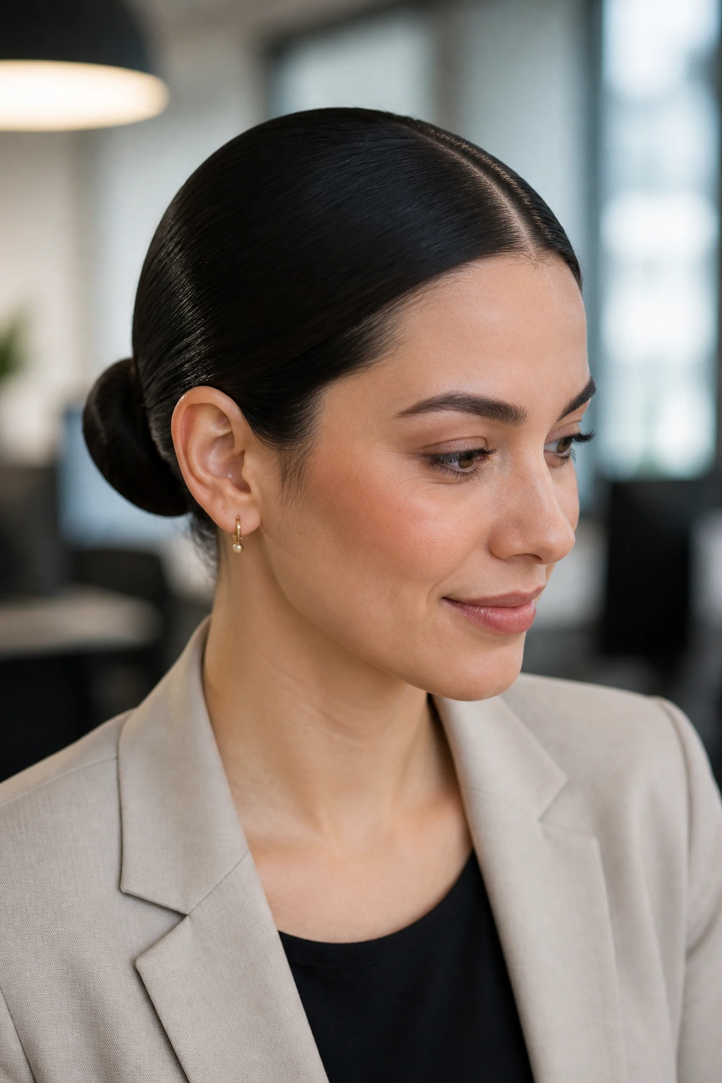 Close-up of a real woman with a sleek center-part low bun.