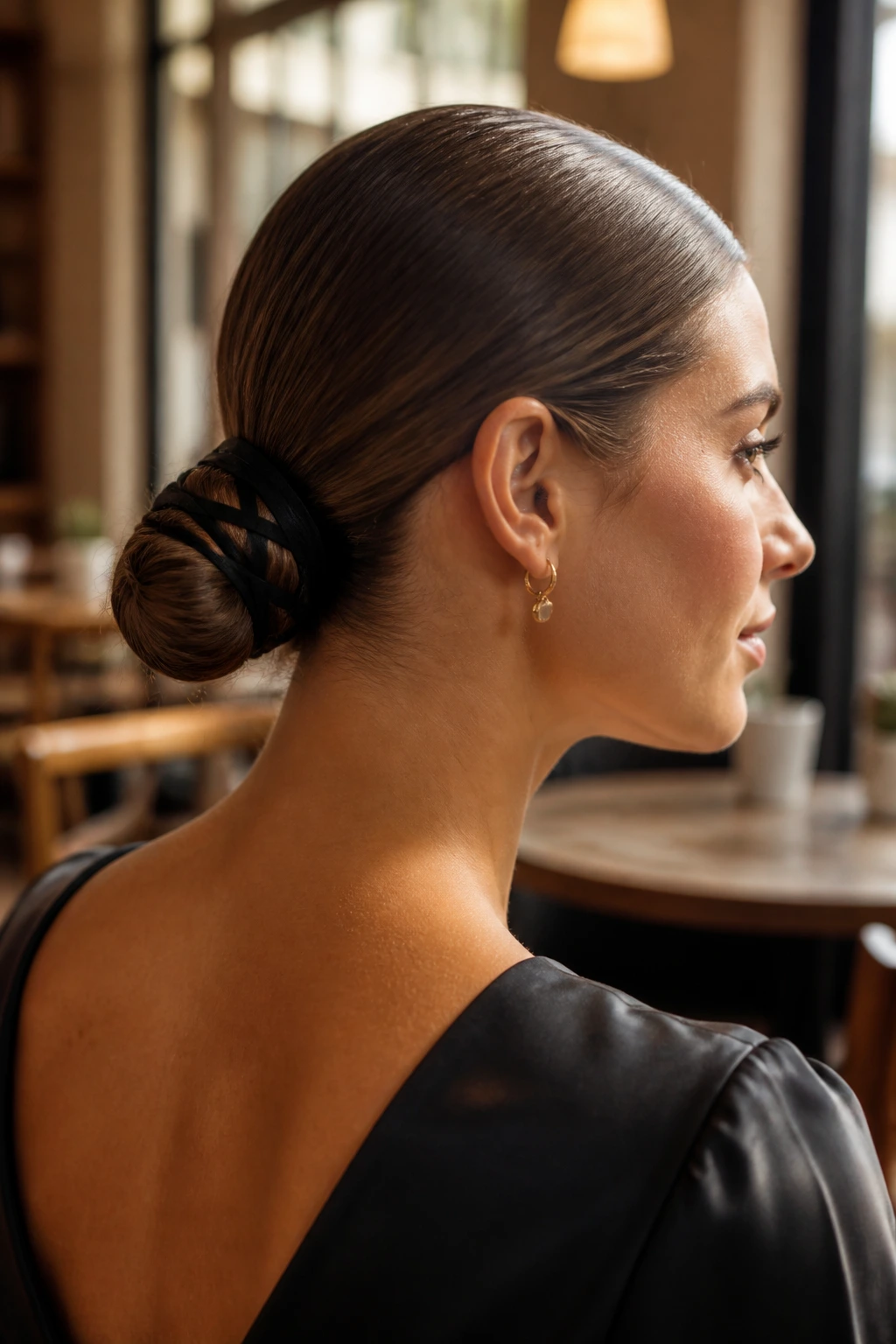 Close-up of a real woman wearing a sleek low bun with a criss-cross ribbon wrap.