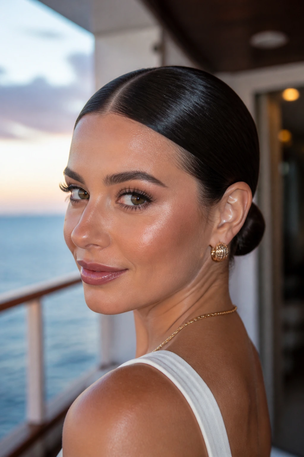 Portrait of a woman with a sleek low bun and middle part on a cruise ship.