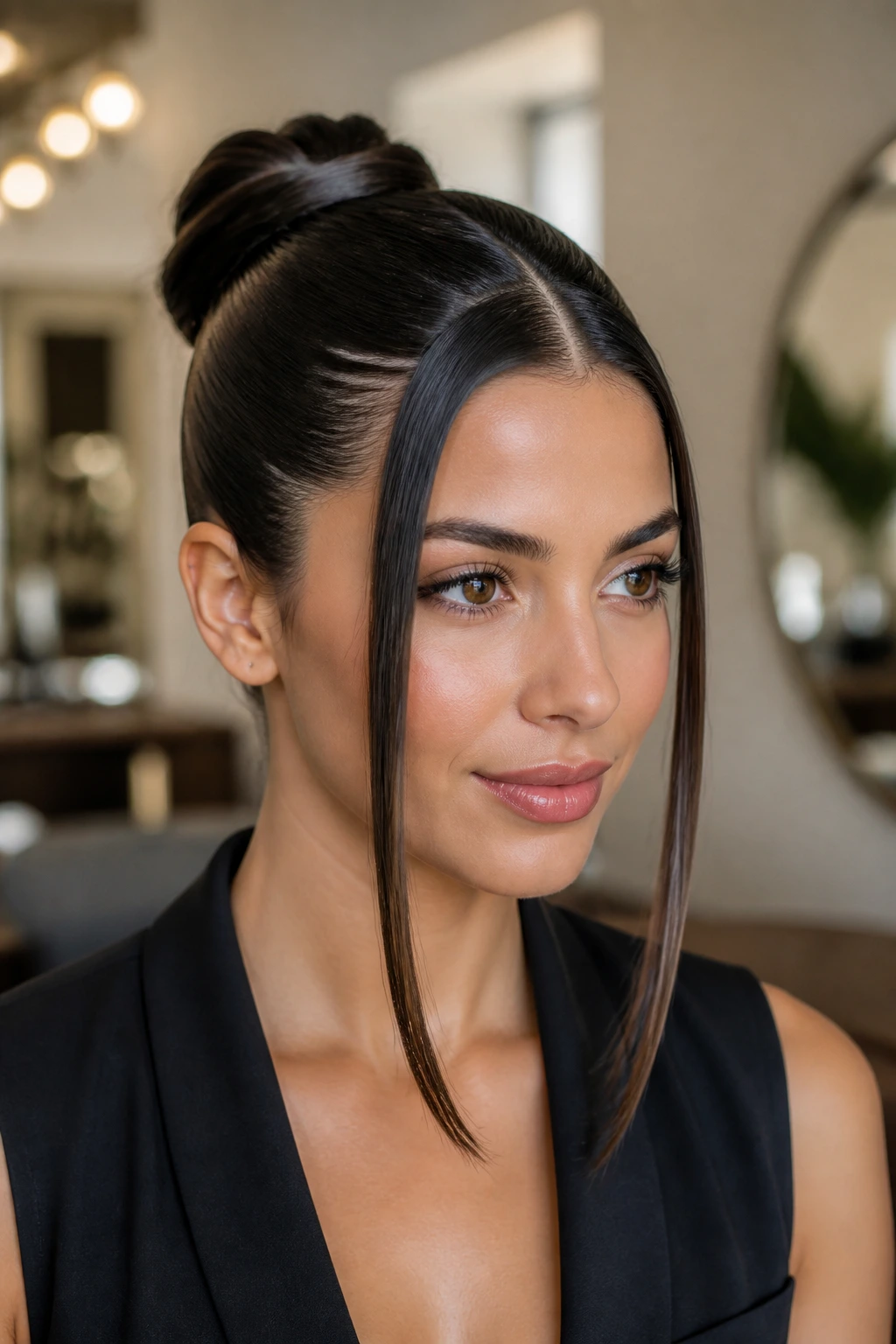 Portrait of a woman with a sleek bun and two face-framing strands