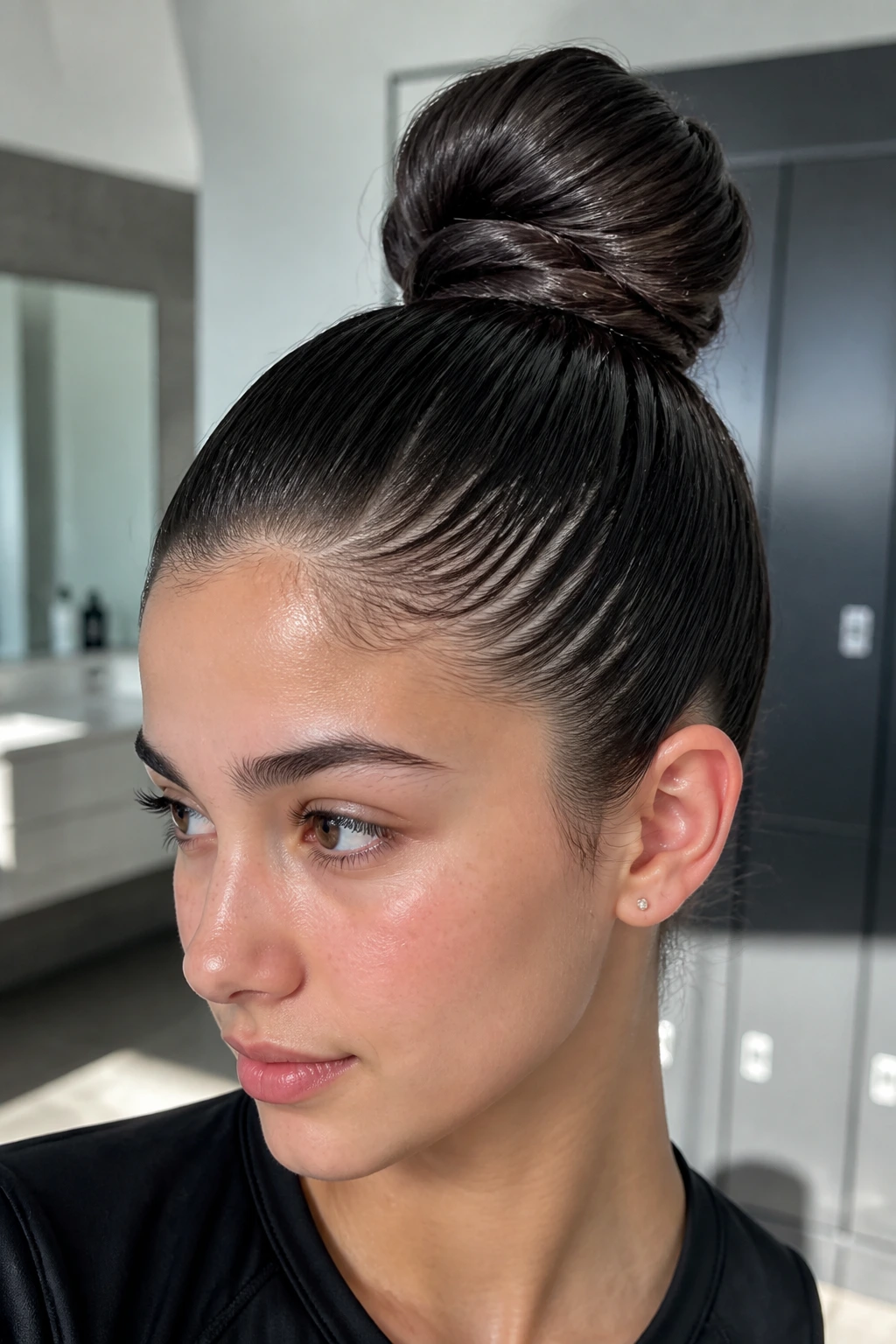 Portrait of a real student with a sleek high bun and gel finish