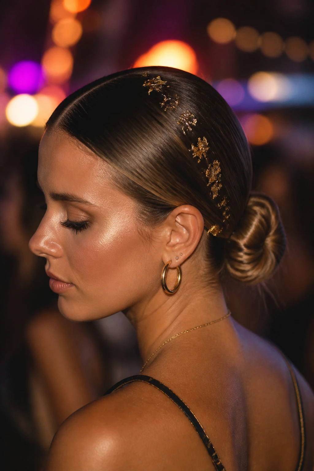 Close-up of a real woman with a sleek low bun and gold leaf detailing