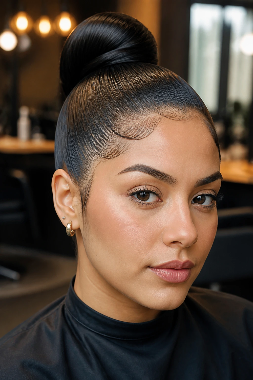 Close-up of a real Latina with a sleek high bun after silk press.