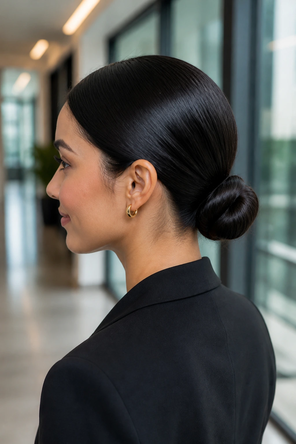 Close-up portrait of a real woman with a classic low sleek bun in a modern office setting