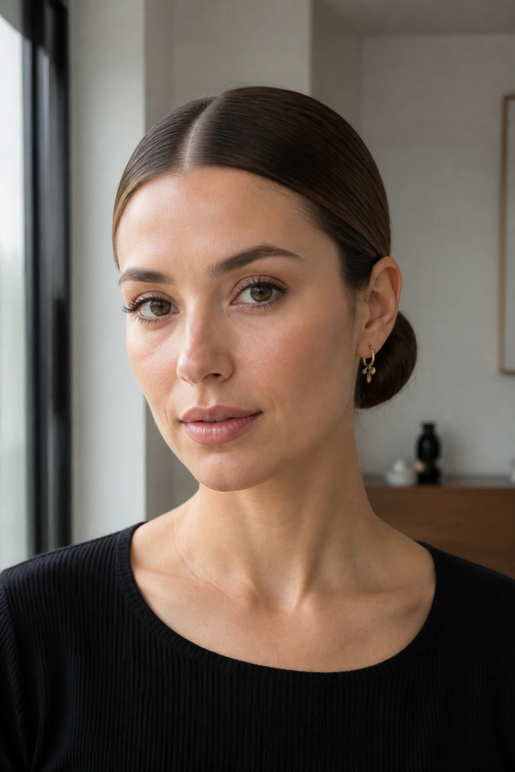 Close-up portrait of a real person with a sleek center-parted low bun.