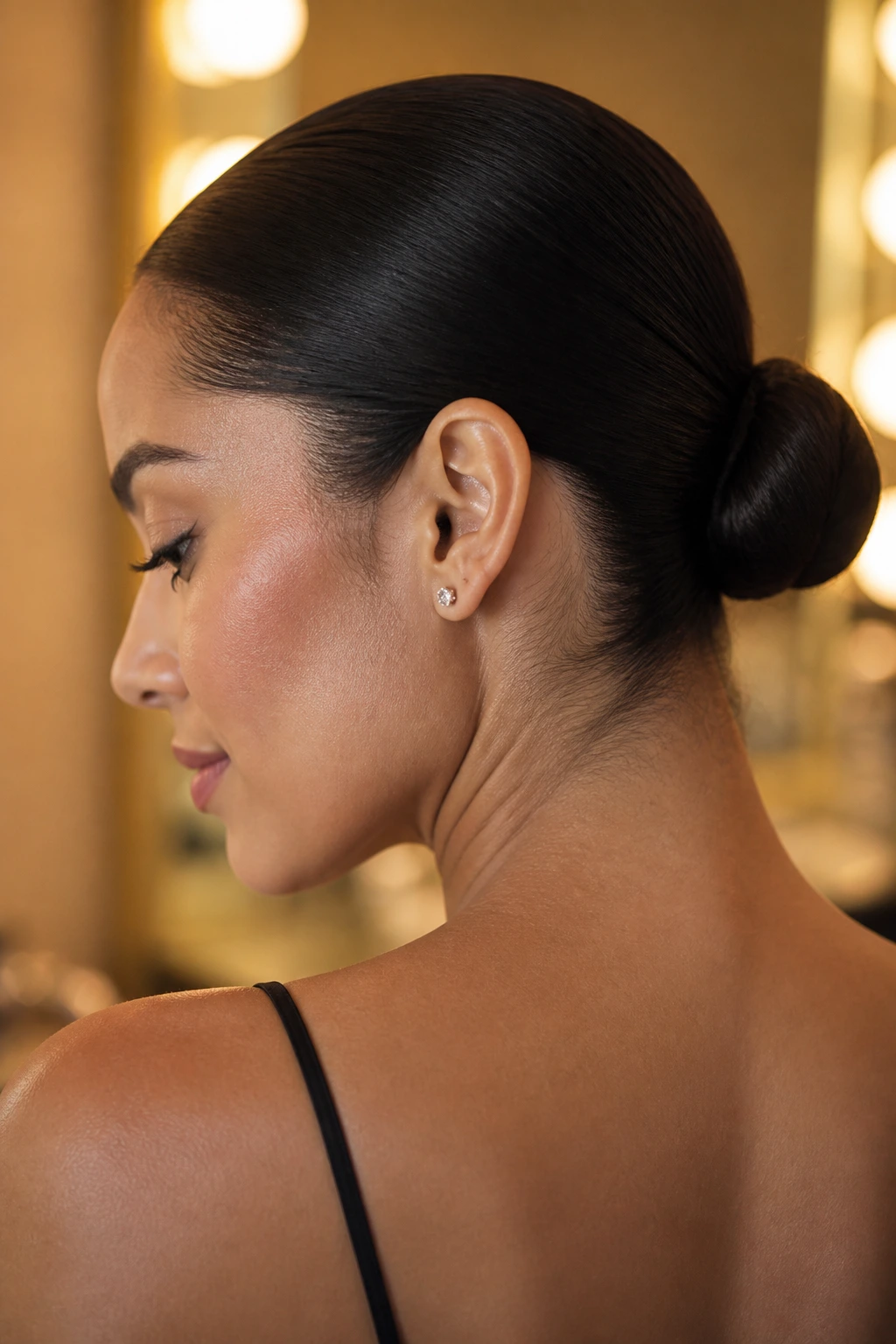 Close-up of a real woman prepping hair for a sleek bun with a smooth hairline.