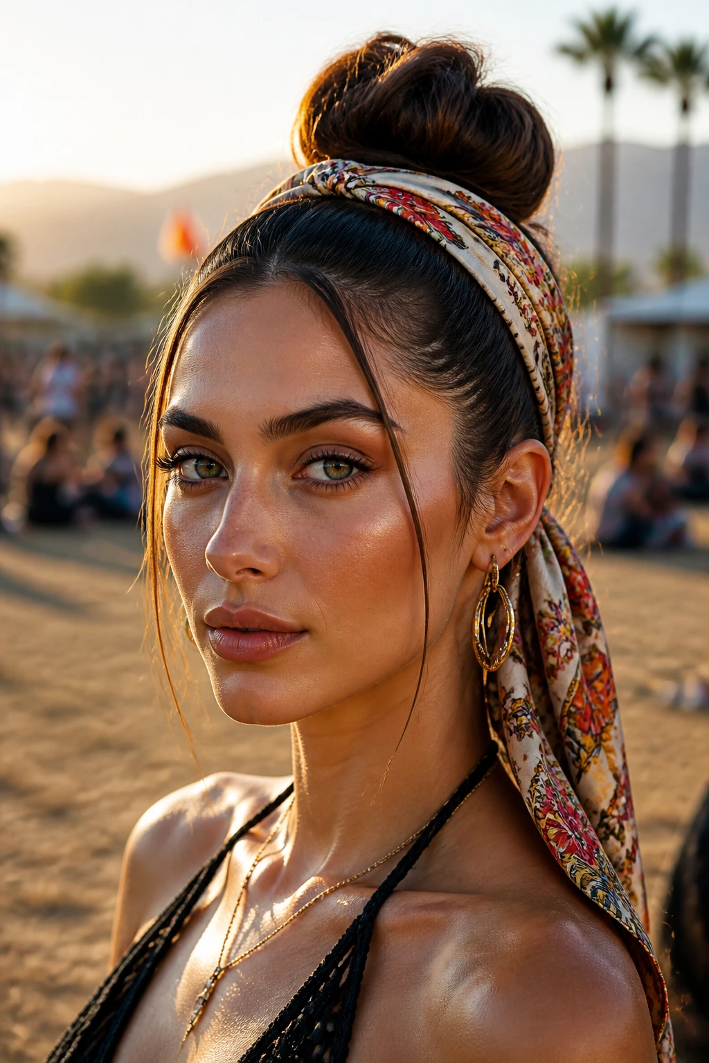 Close-up portrait of a real woman wearing a sleek high bun and silk scarf at a festival