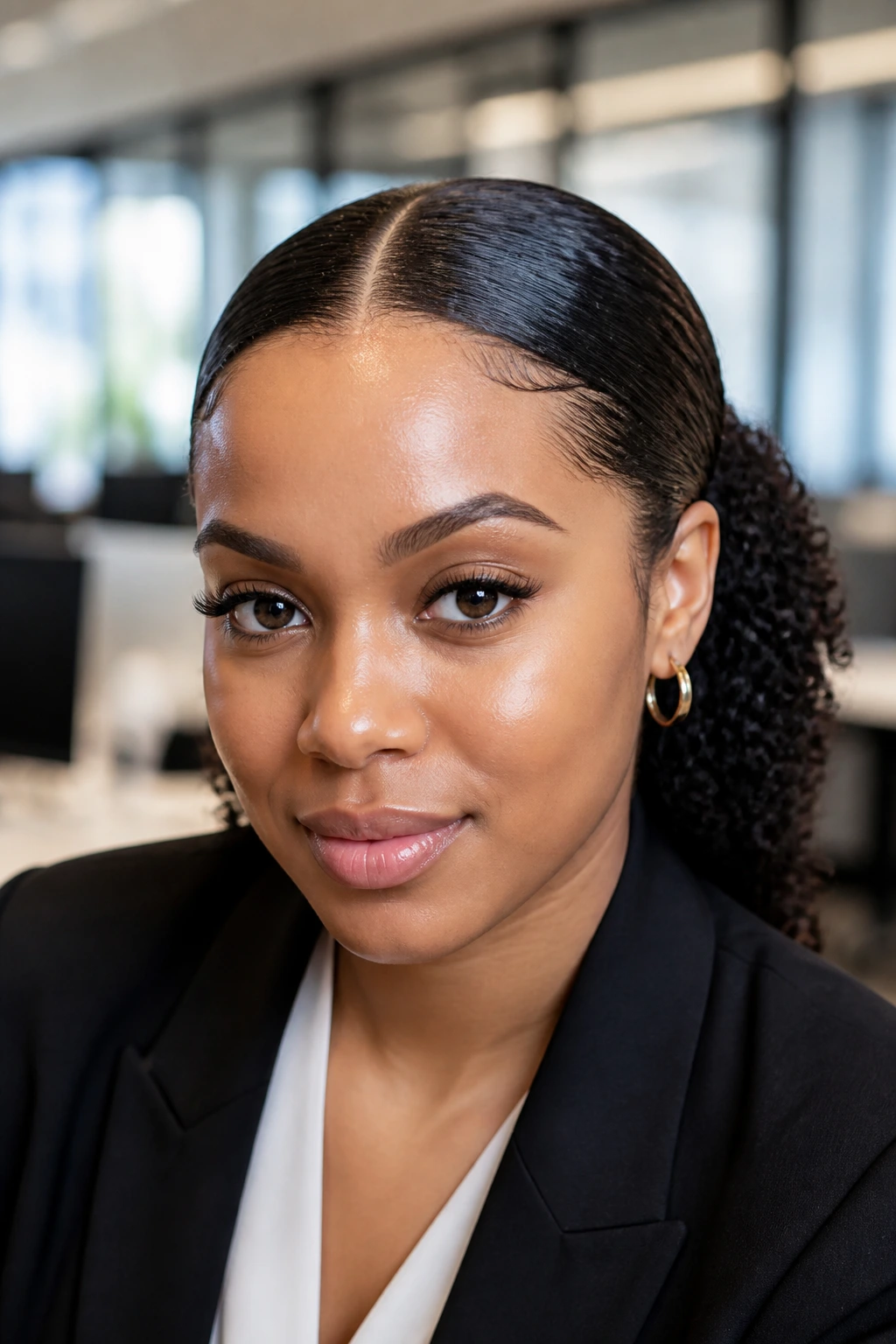 Close-up of a real woman with a sleek center-parted curl in an office