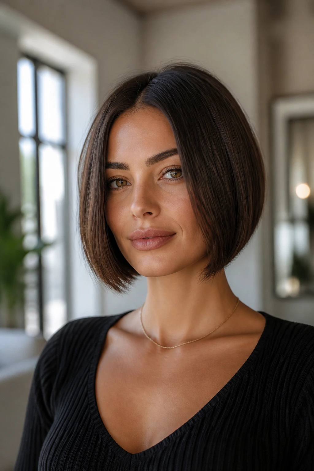 Close-up of a real woman with a sleek center-part stacked bob