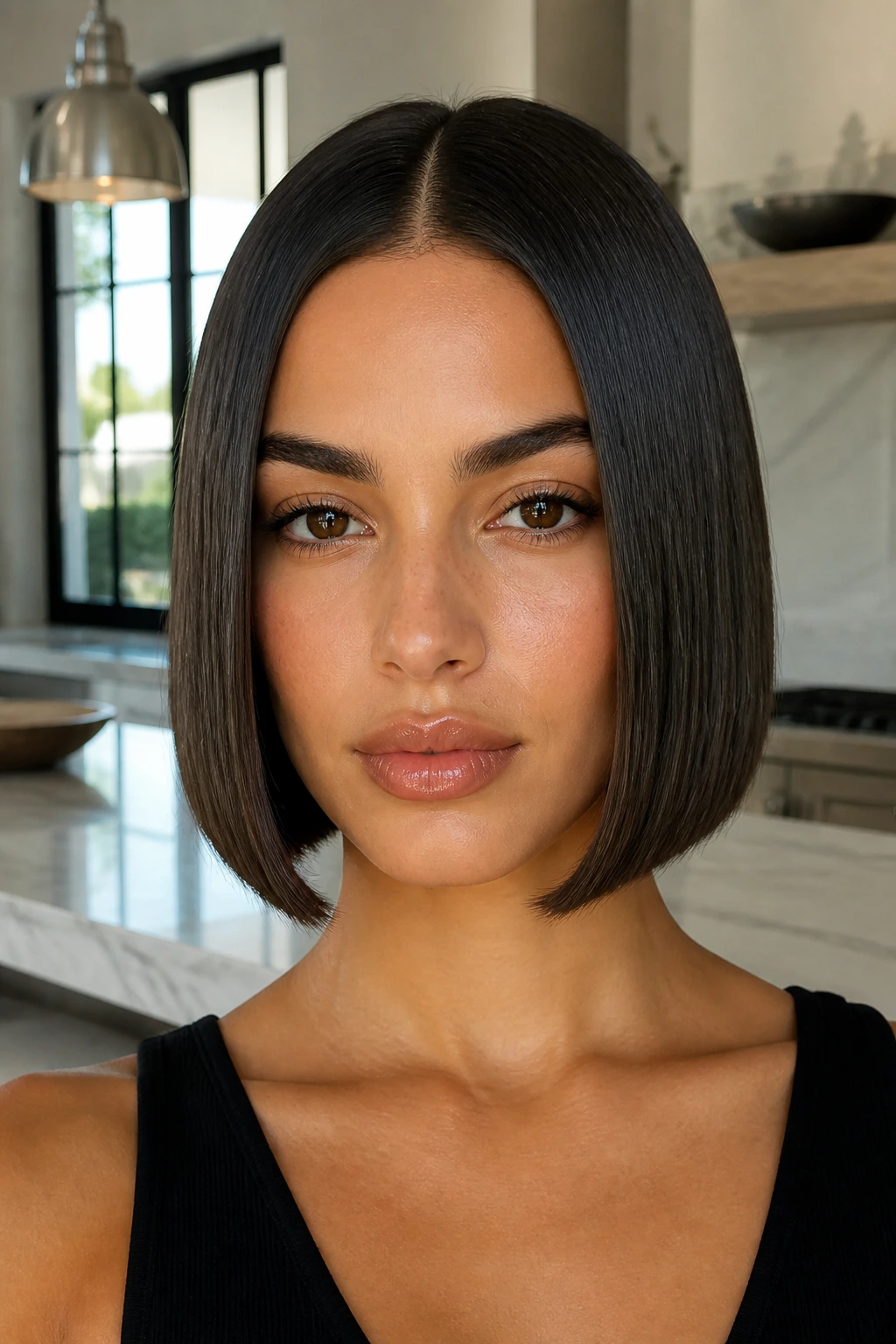 Close-up of a woman with sleek center-part bob