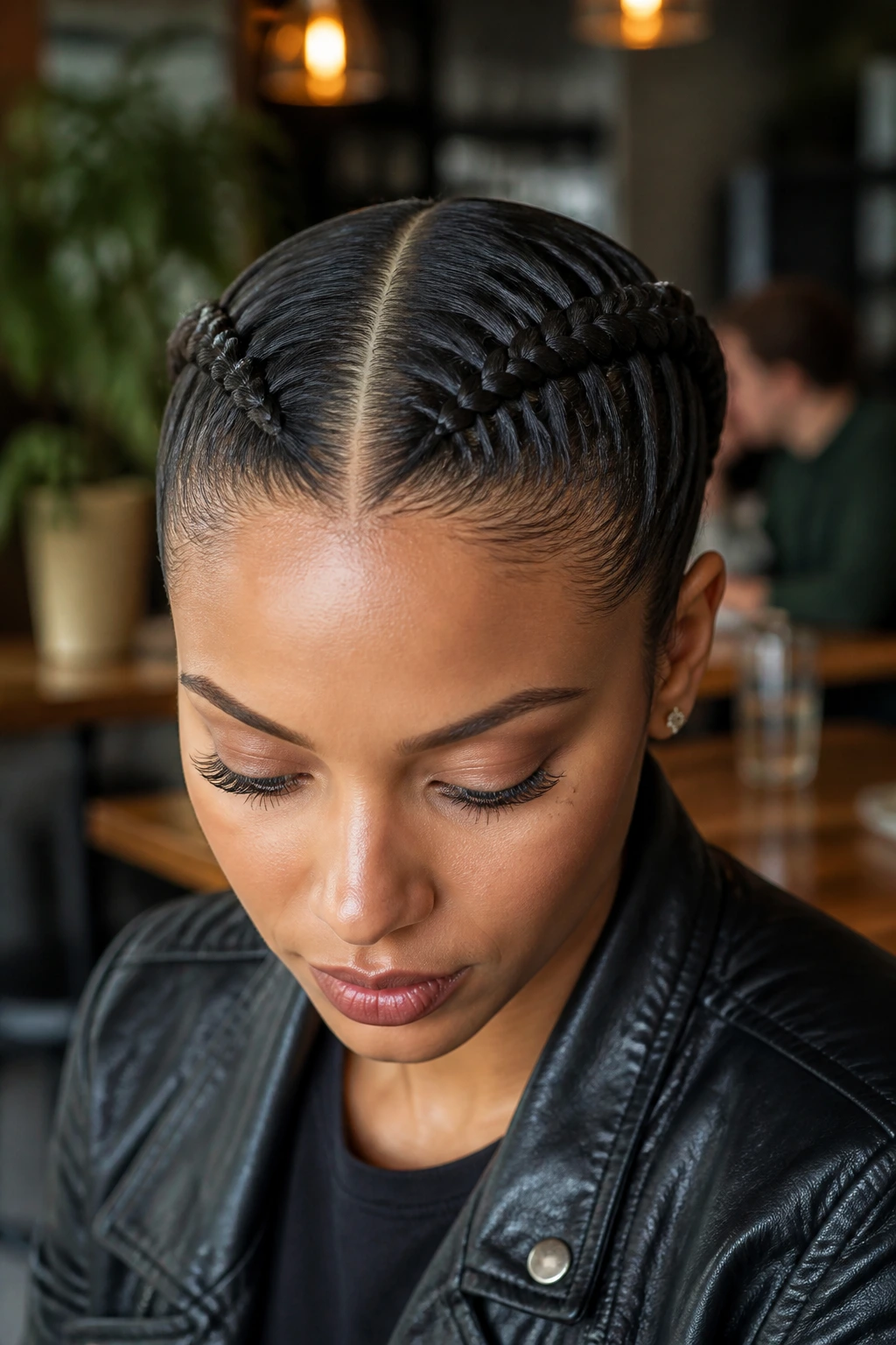 Real woman with sleek center-part Dutch braids in cafe lighting