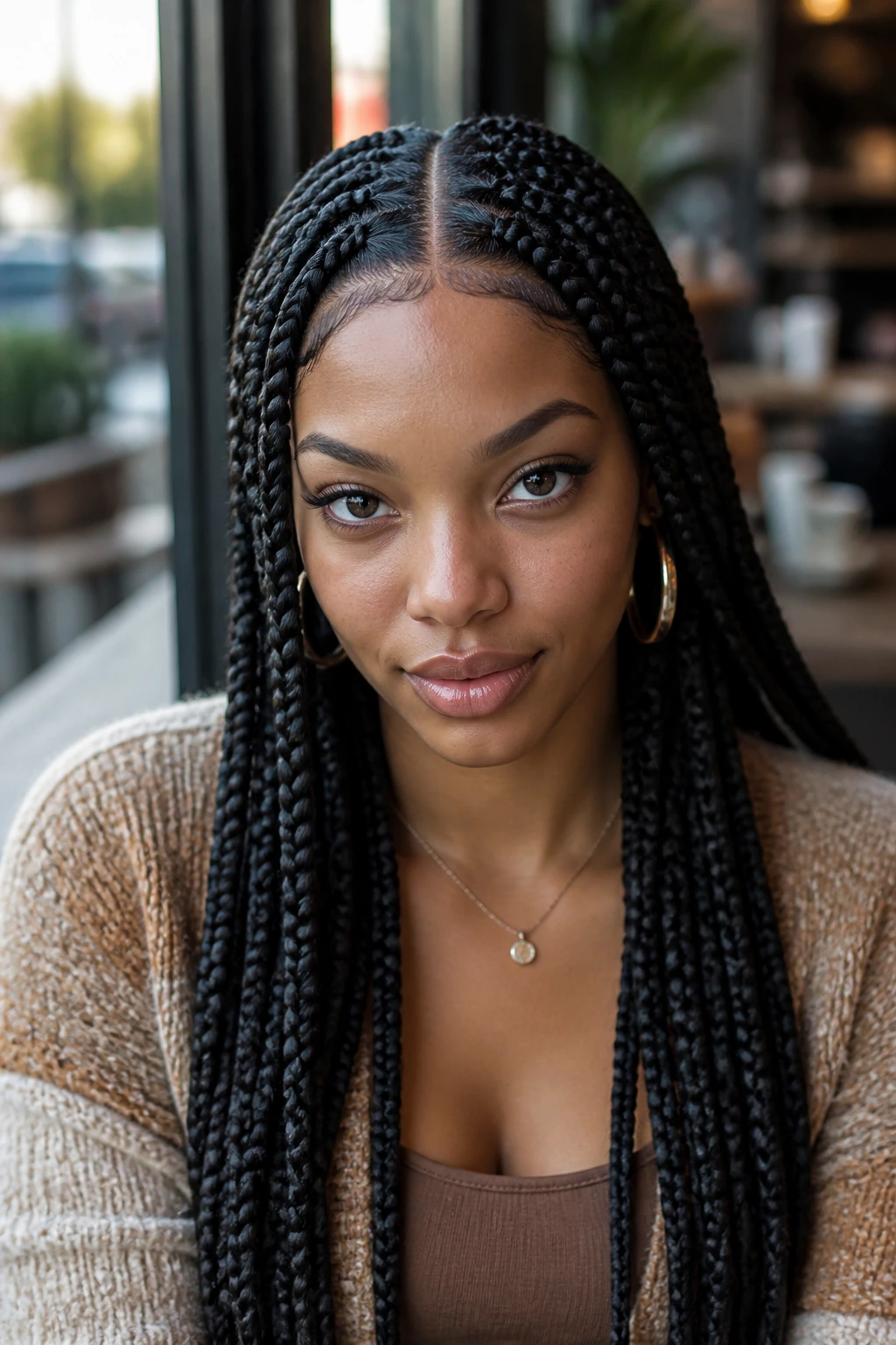 Real woman with sleek center-parted Poetic Justice braids