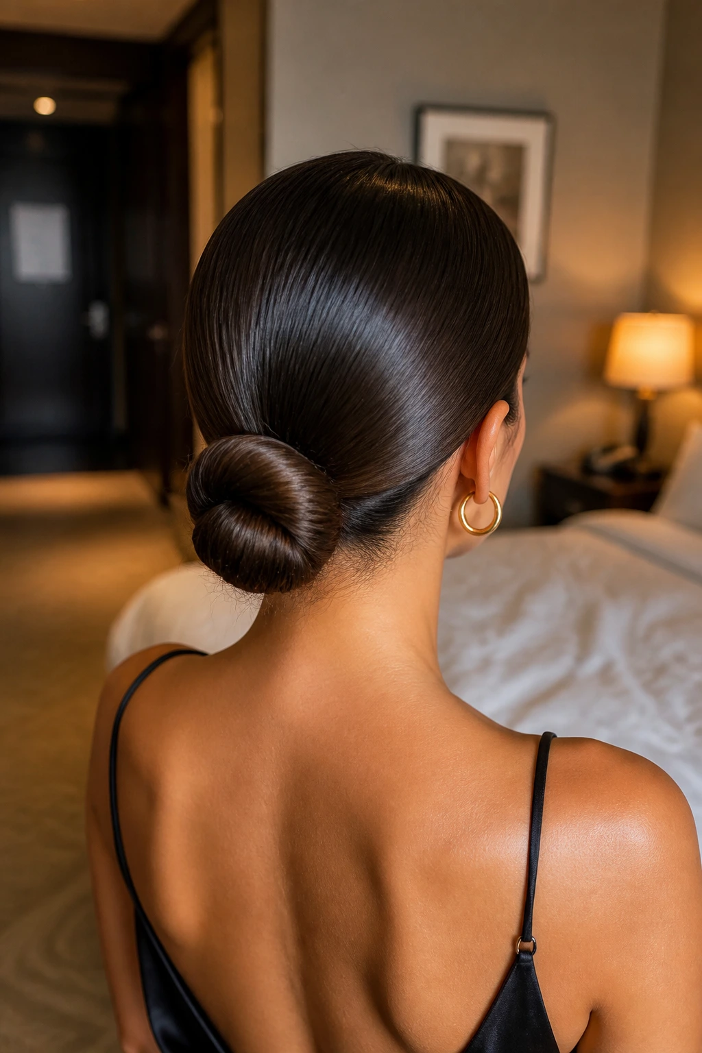 Rear three-quarter view of a woman with a sleek center-part low bun