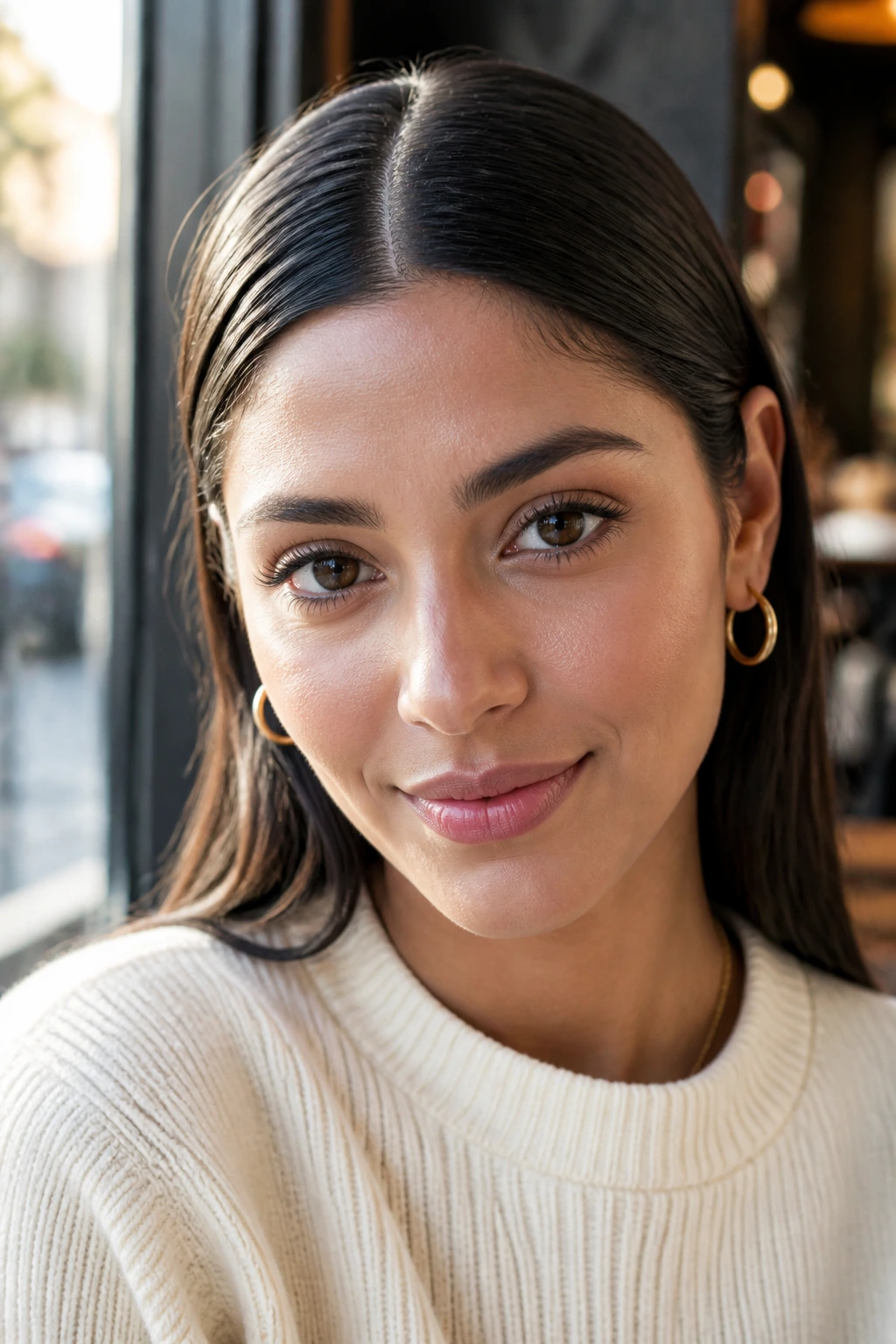Close-up of a real woman with a sleek center-part hairstyle tucked behind the ears.