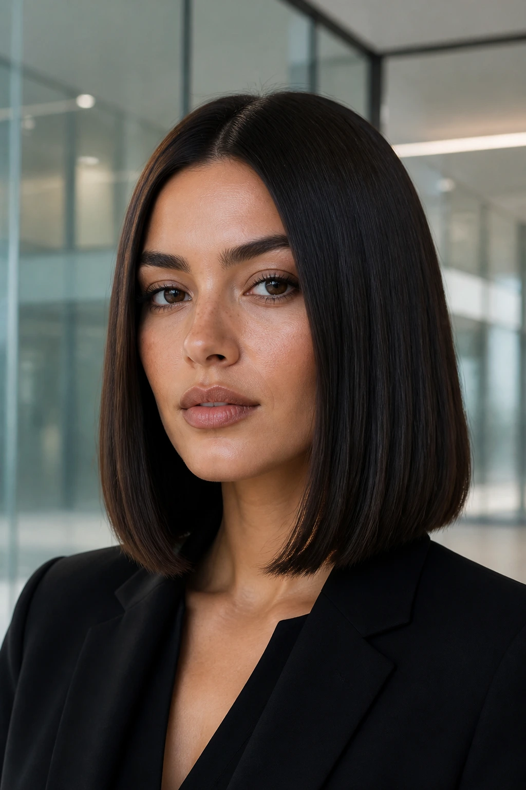 Close-up of a real person with a sleek center-parted lob
