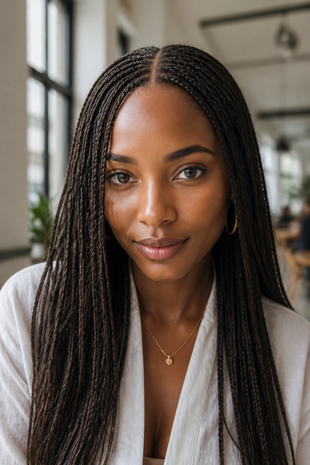 Close-up portrait of a real person with a sleek center-part micro braid hairstyle.