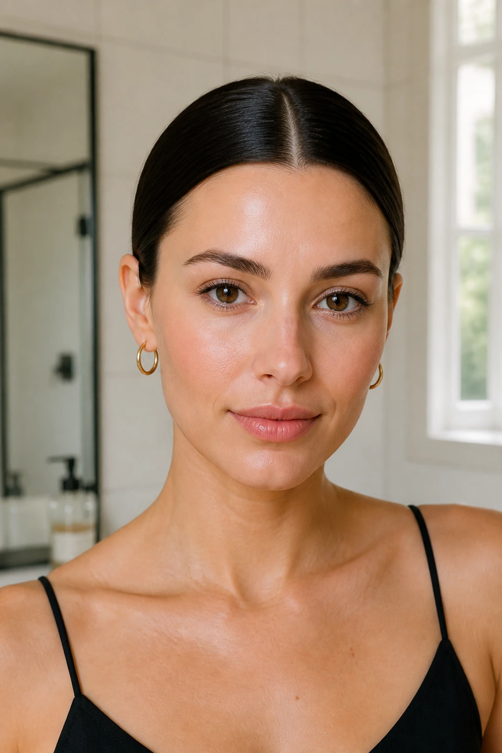 Close-up of a woman with a precise center part and tucked sides, glossy hair