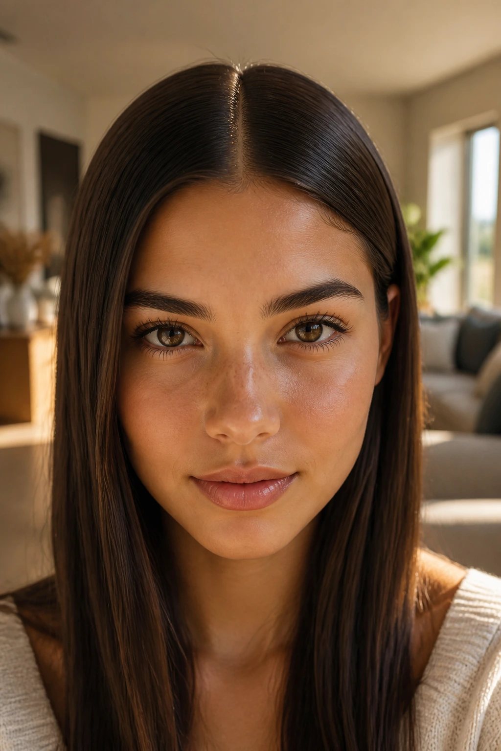 Close-up of a real person with a sleek, center-parted hairstyle in a sunlit living room