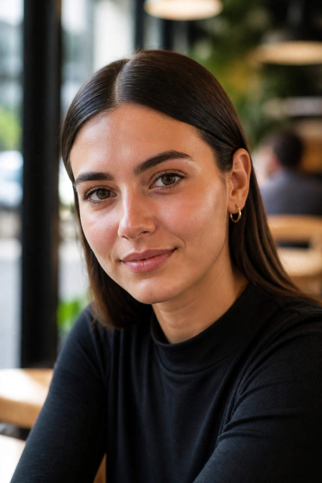 Close-up of a woman with a sleek center part and tucked sides behind the ears.