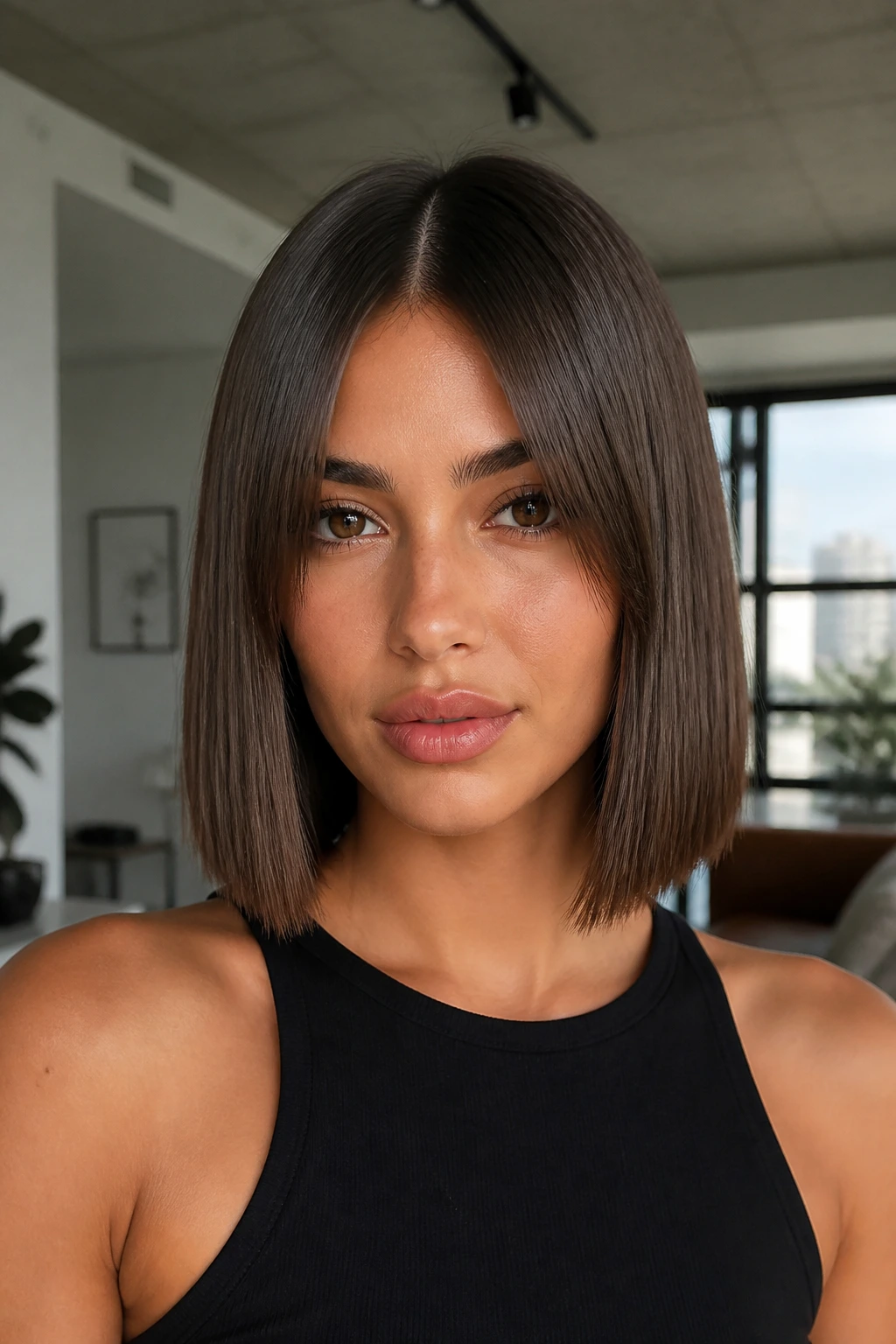 Real woman with sleek center-parted blunt bob and mirrored curtain bangs