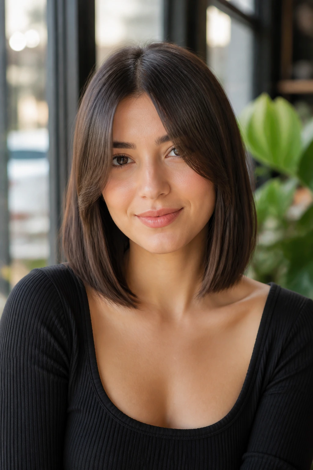 Head-and-shoulders portrait of a real person with sleek center-parted bob and long bangs.