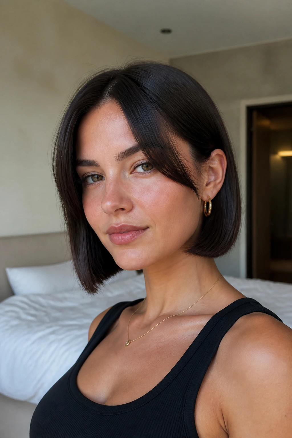 Close-up portrait of a real woman with sleek center-parted bob and curtain fringe in soft window light