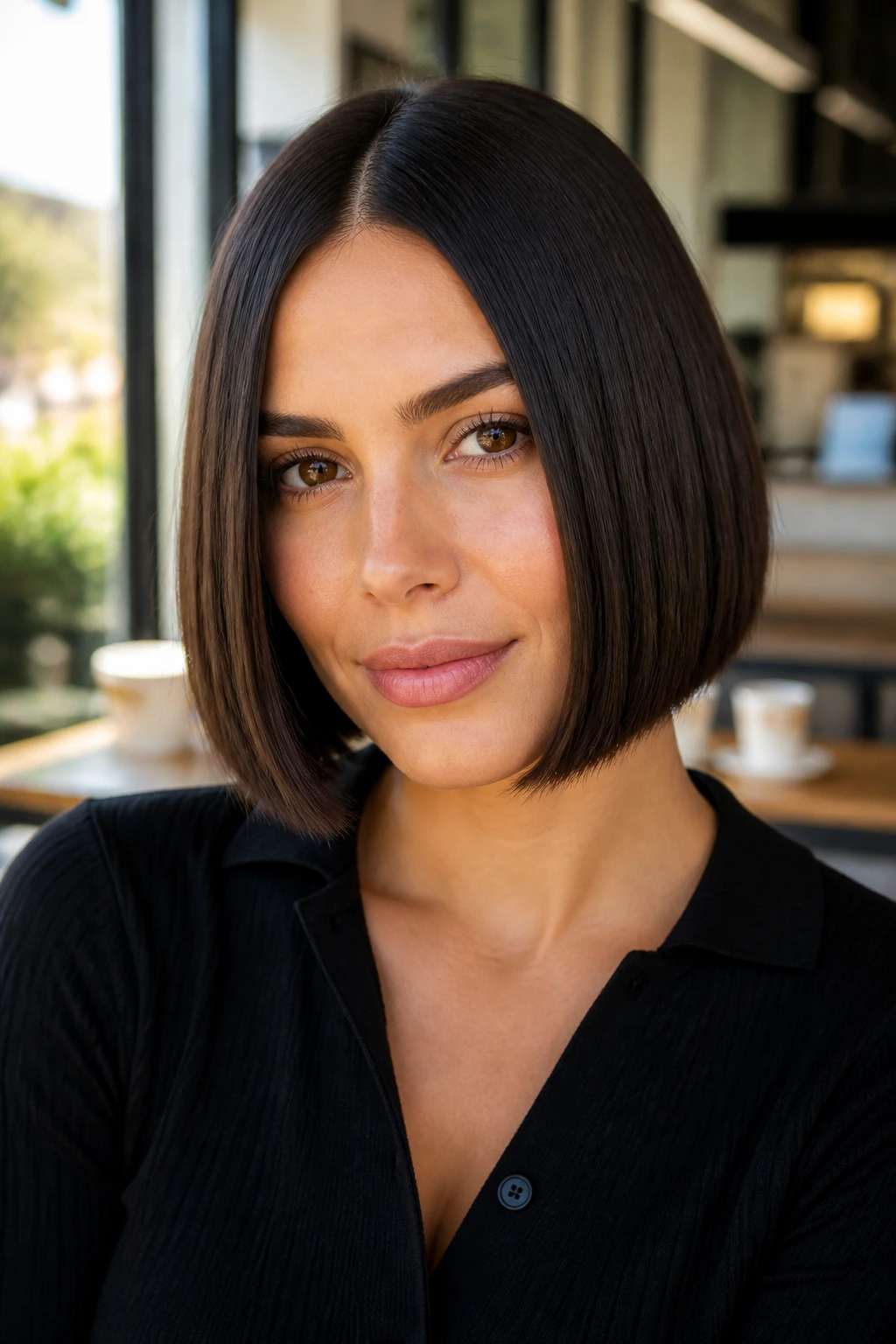 Close-up of a real woman with sleek center-parted bob in a modern cafe