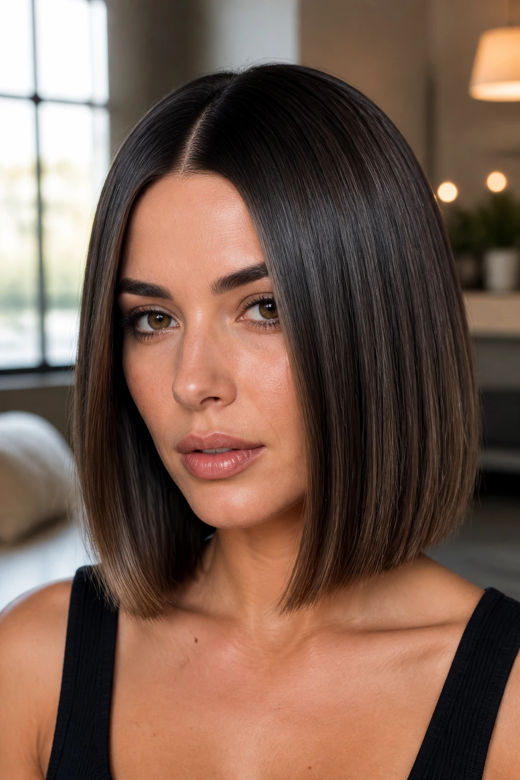 Close-up portrait of a real woman with a sleek center-parted lob in soft light.