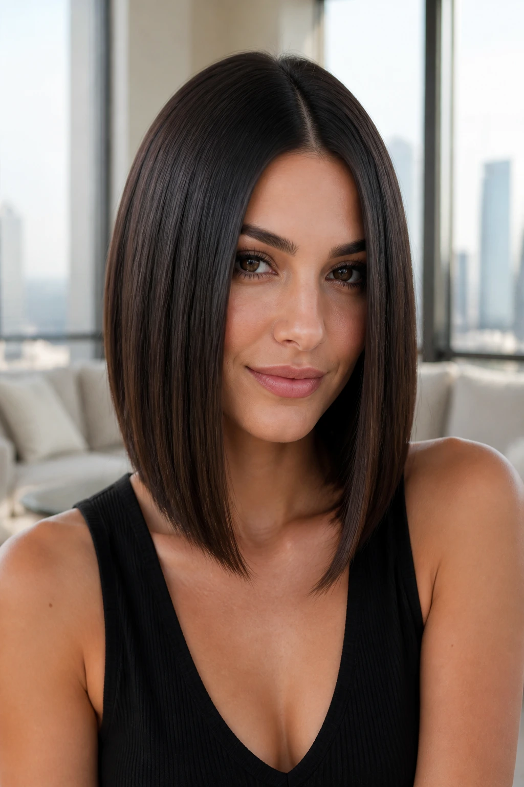 Portrait of real woman with sleek center-parted lob in bright room