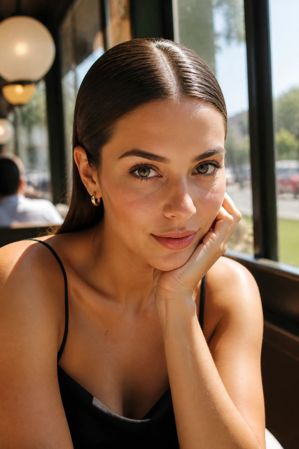 Close-up of a real woman with a sleek center-part hairstyle, hair tucked behind both ears in warm cafe light