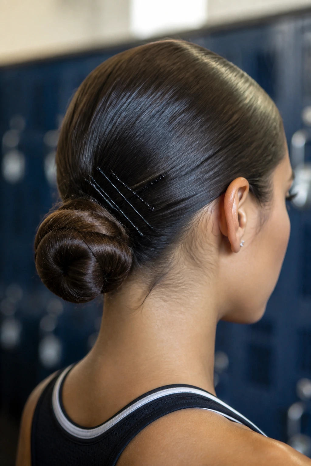Close-up of a real student athlete with a low sleek chignon and pin grid.