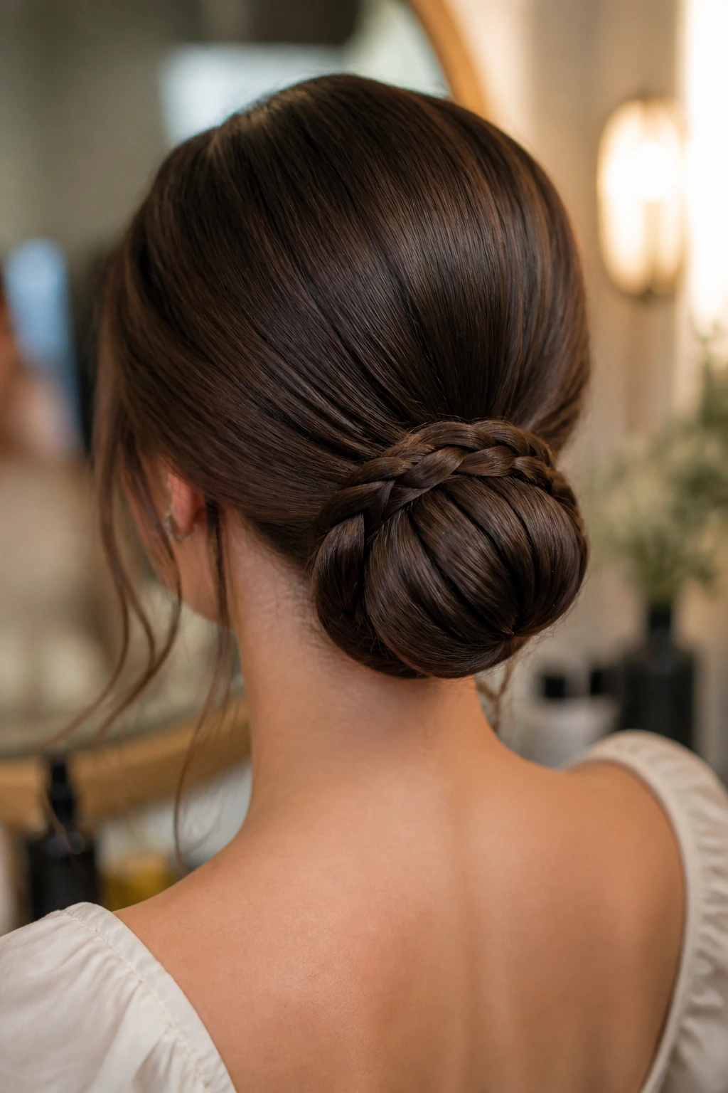 Back view of a real person: sleek chignon with braided base