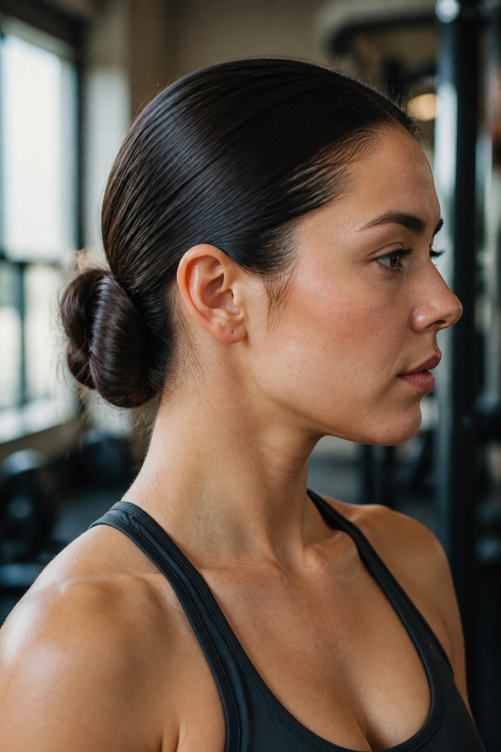 Portrait of a person wearing a sleek low chignon secured with no-slip pins.