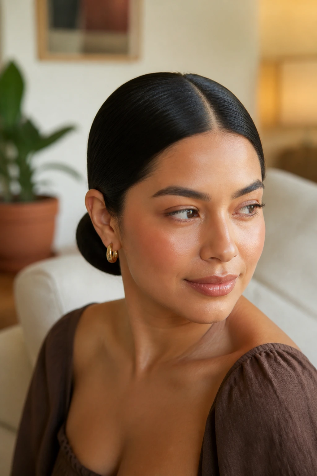 Real woman with a low sleek chignon and crisp middle part.