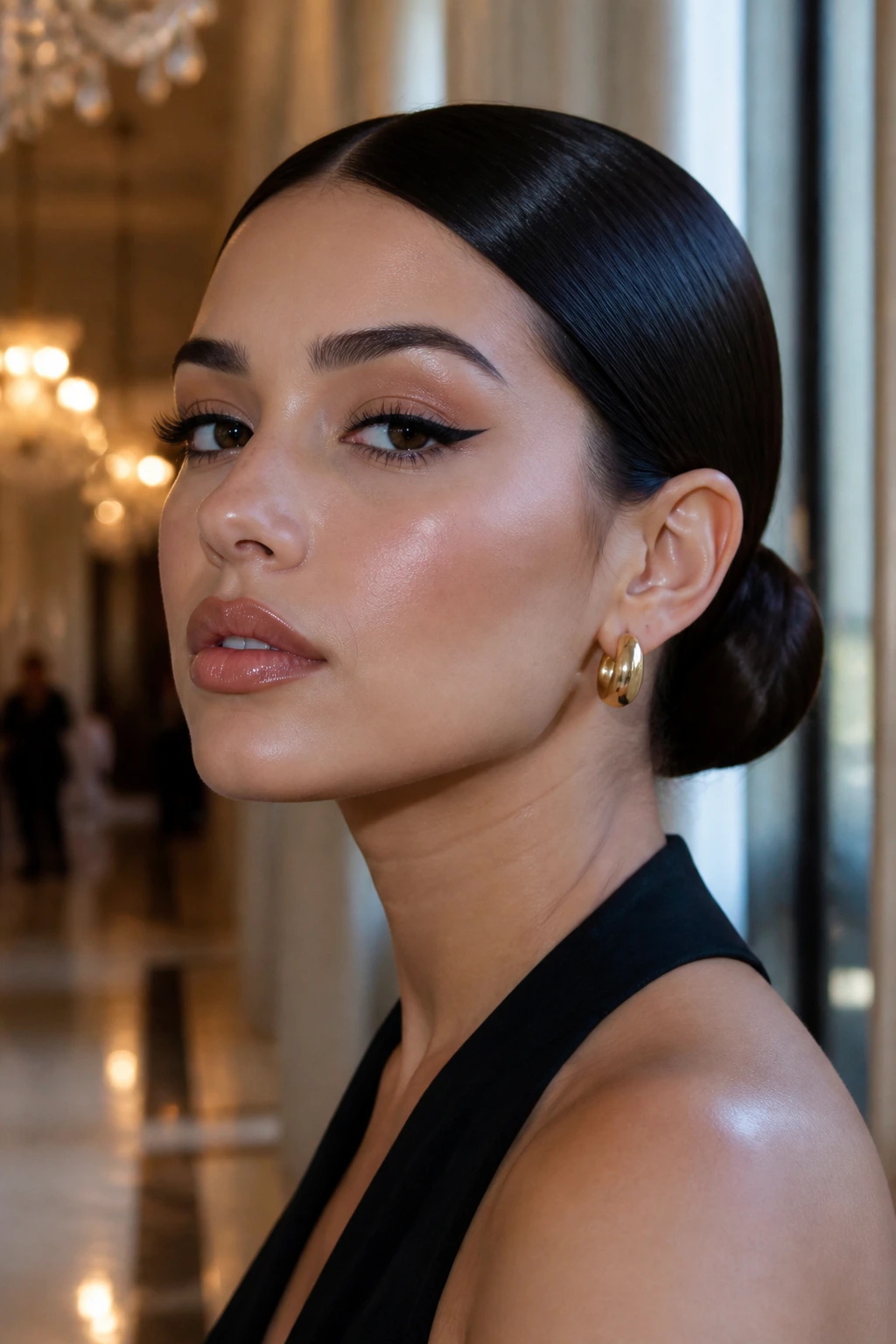 Close-up of a woman with a sleek chignon at the nape
