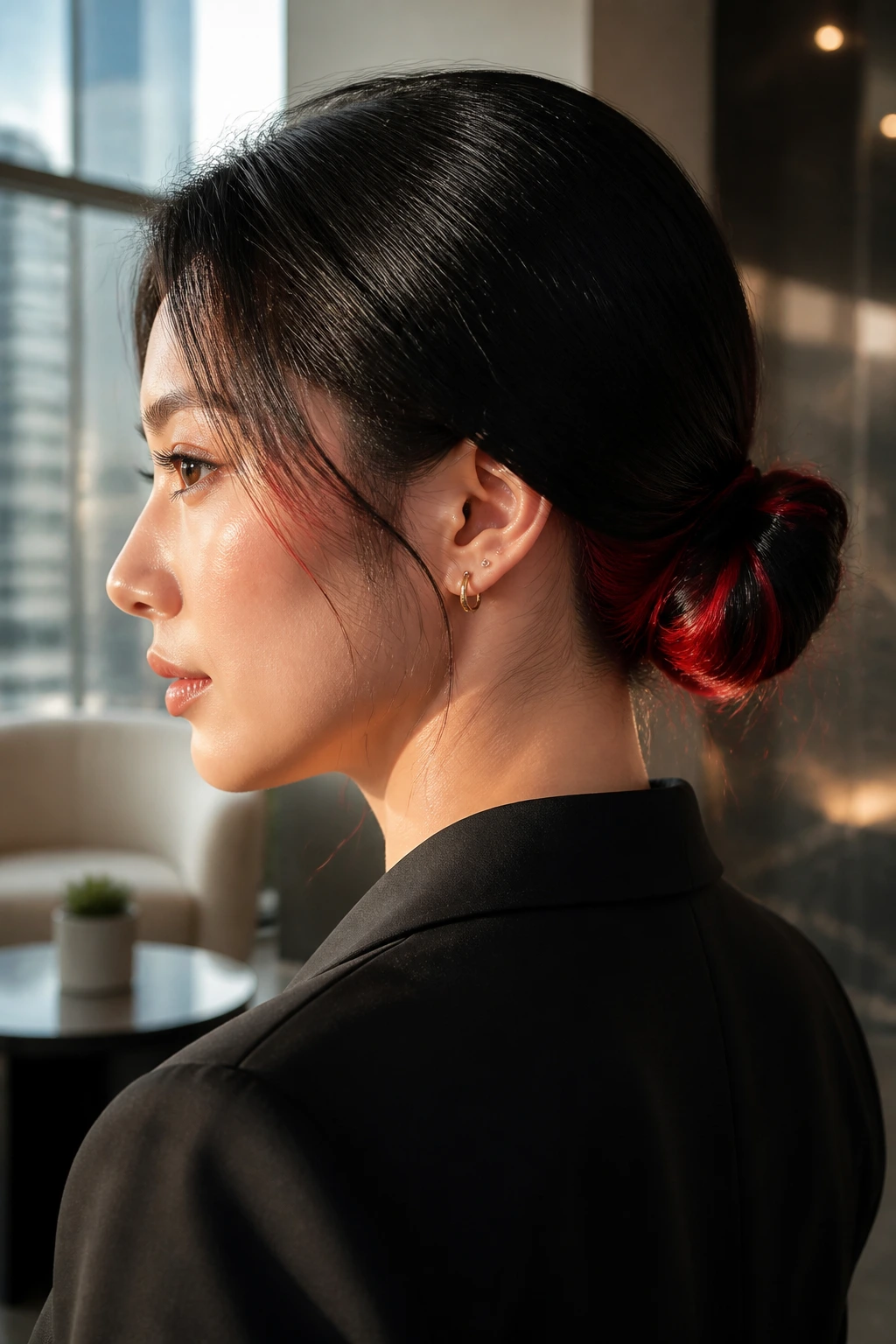 Close-up portrait of a real woman with a sleek low chignon revealing red at bun edges in an office setting.
