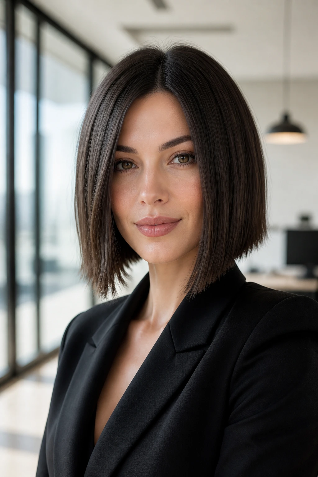 Close-up portrait of a real woman with a sleek-yet-choppy bob in a bright modern space.