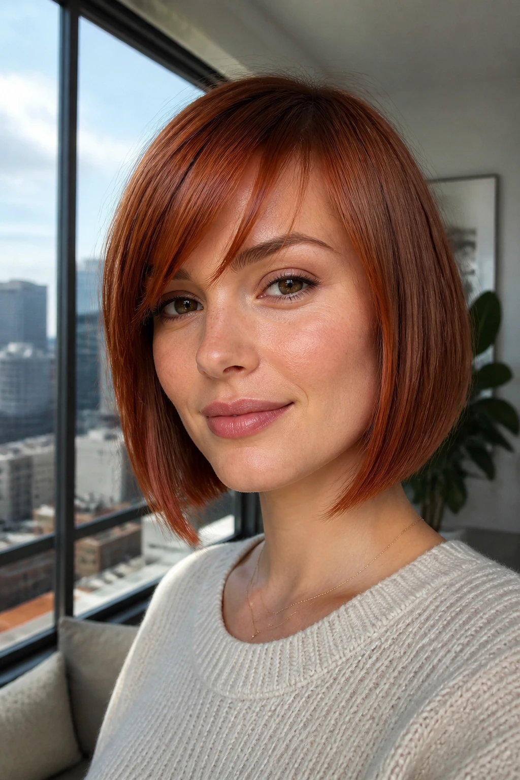 Real woman with sleek copper bob and wispy fringe in bright urban light