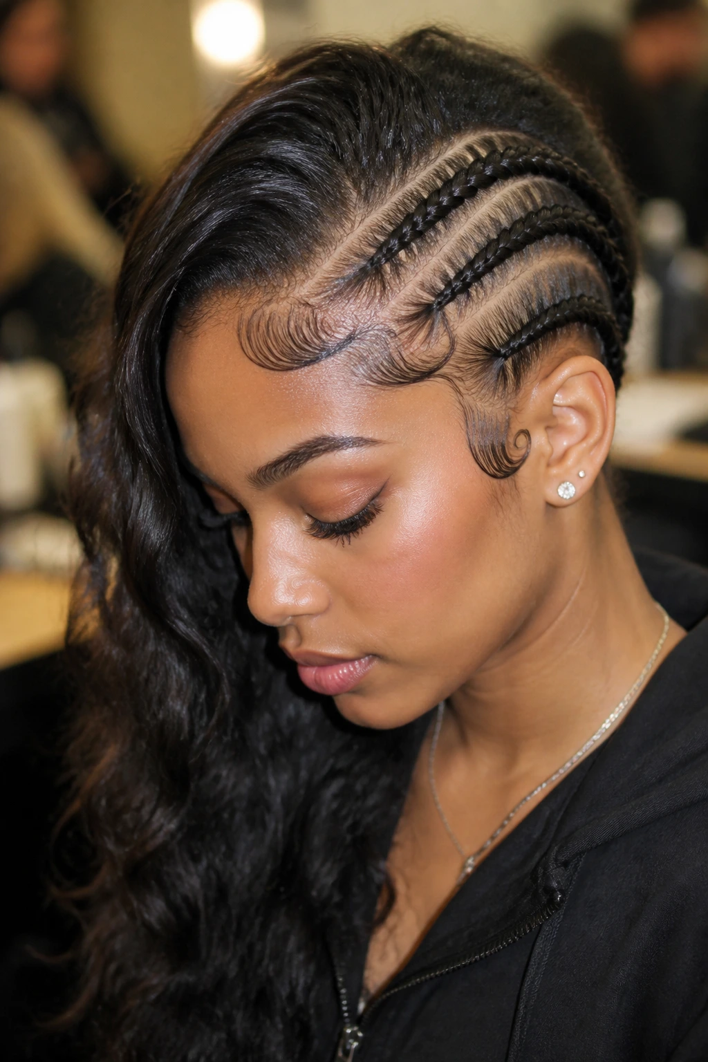 Close-up of sleek gel-slicked side cornrows with laid baby hairs on a real woman