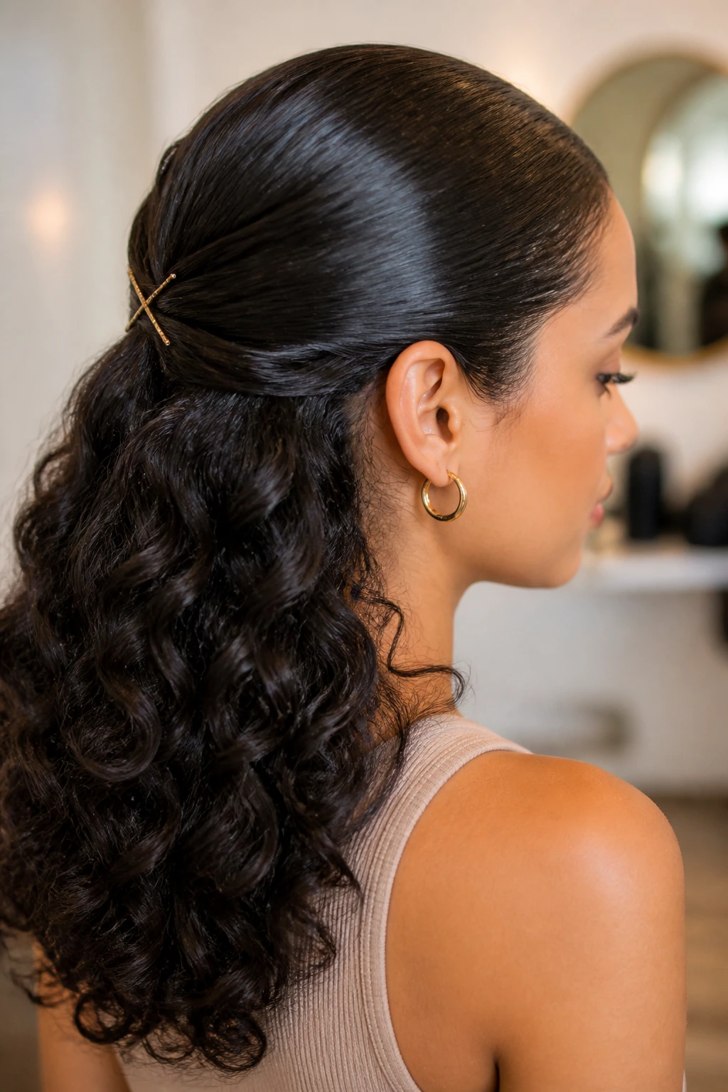 Portrait of a real woman with a sleek crown hairstyle and pinned back section.
