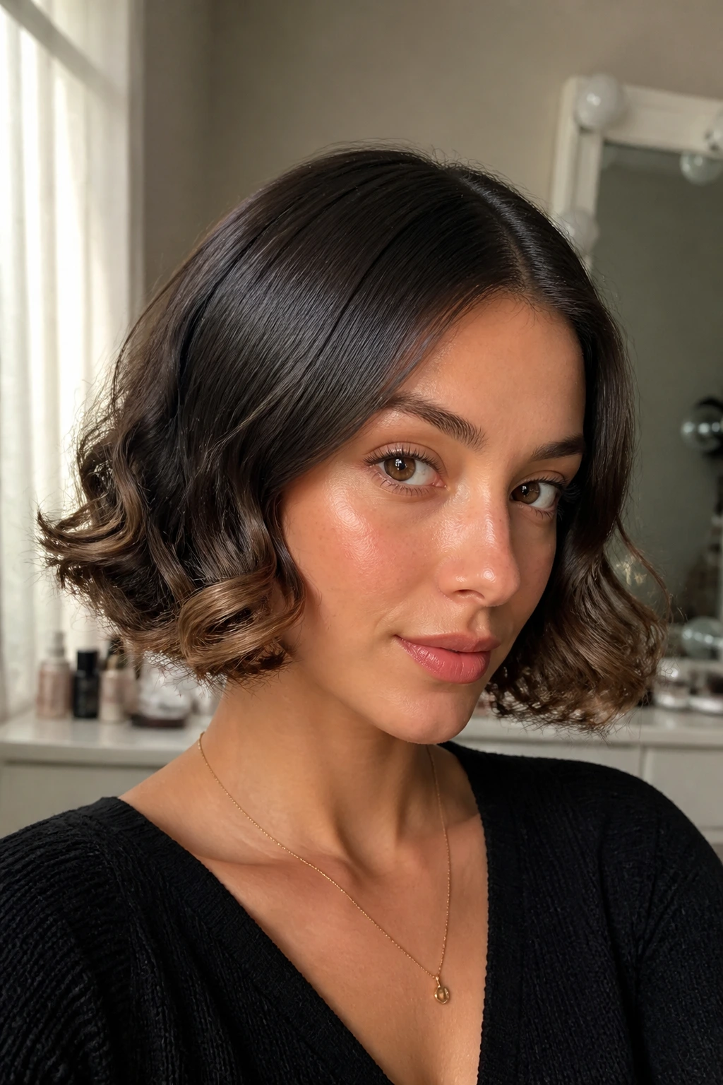 Close-up of a woman with a sleek crown and curly ends.