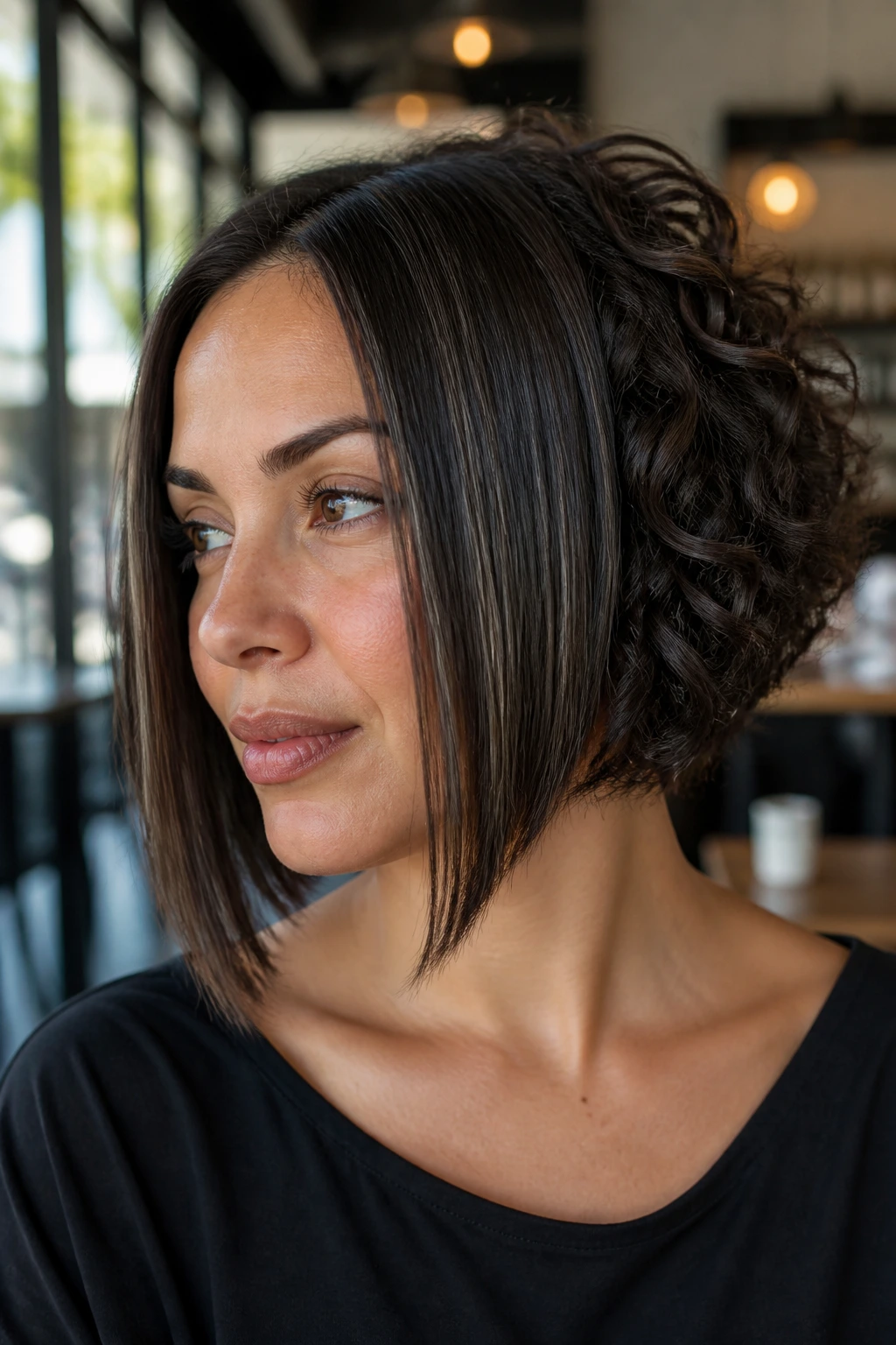 Portrait showing sleek front and curly back inverted bob