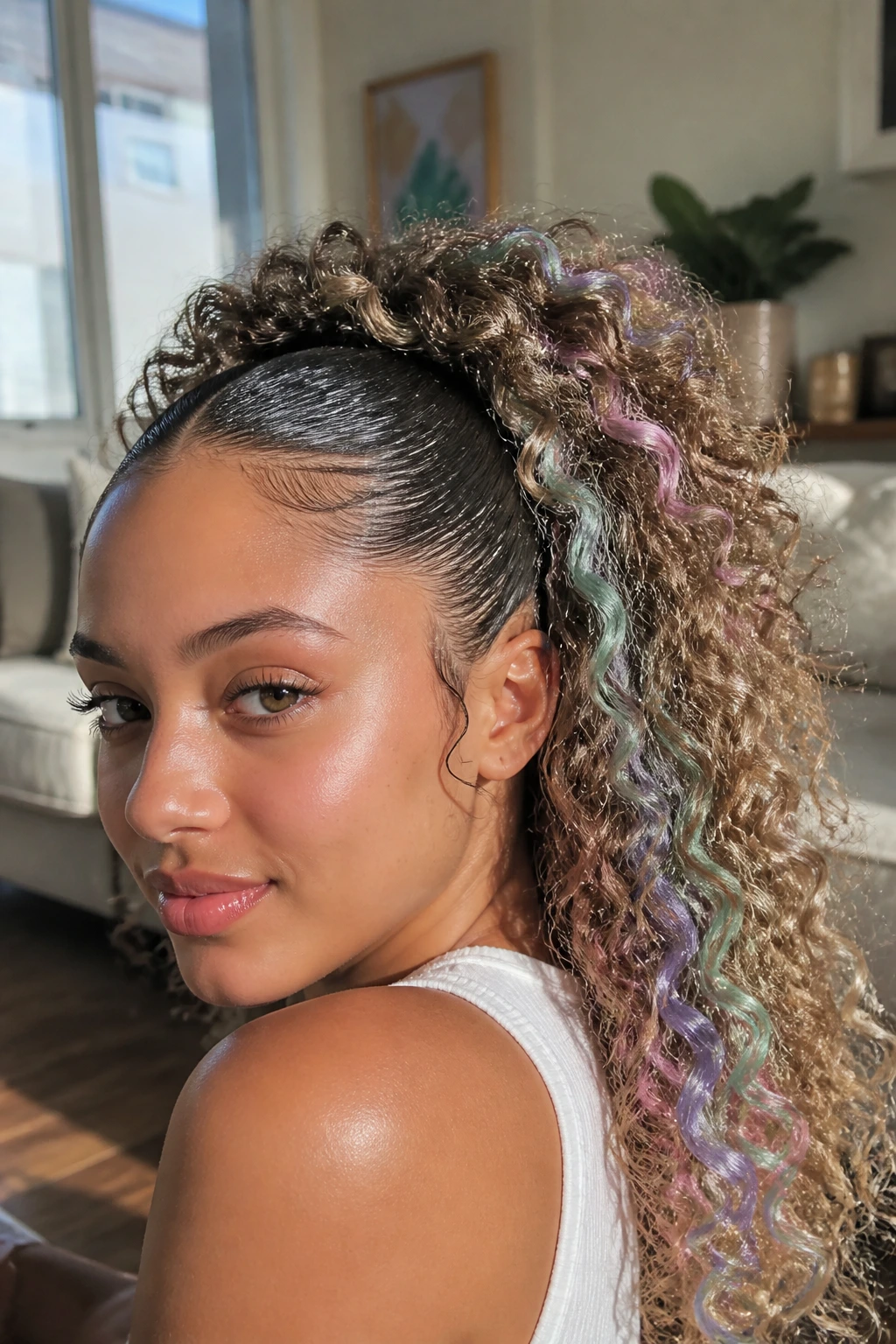 Close-up of a real person with slicked-back roots and curly ends highlighted with pastel wax