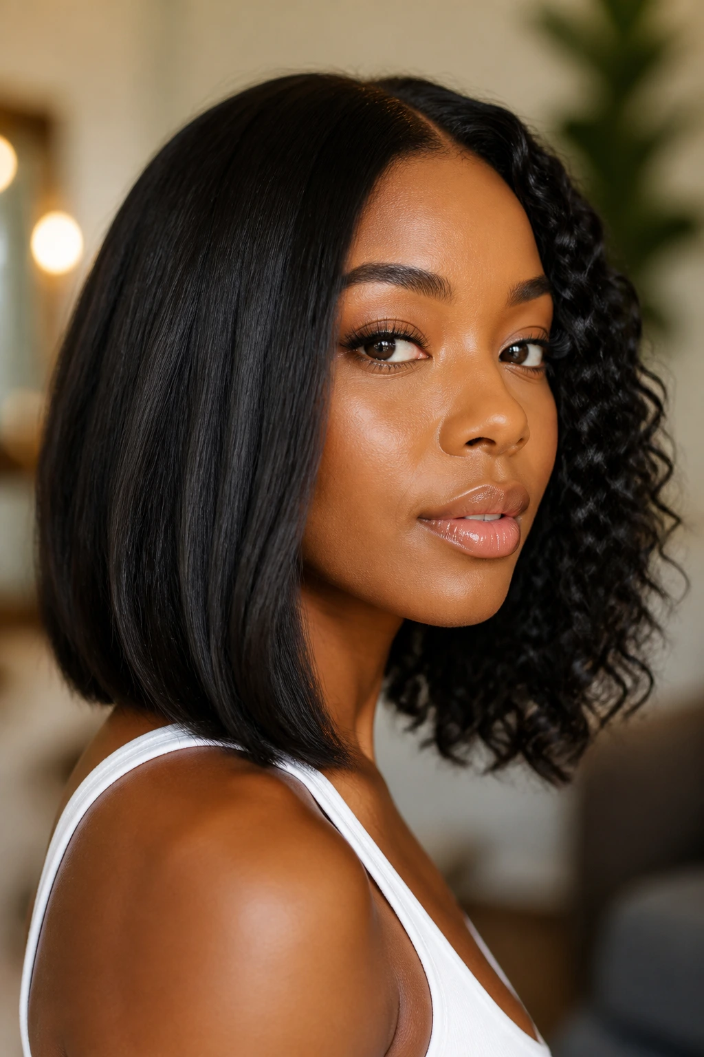 Real woman with a sleek-to-curly shoulder bob showing mixed textures
