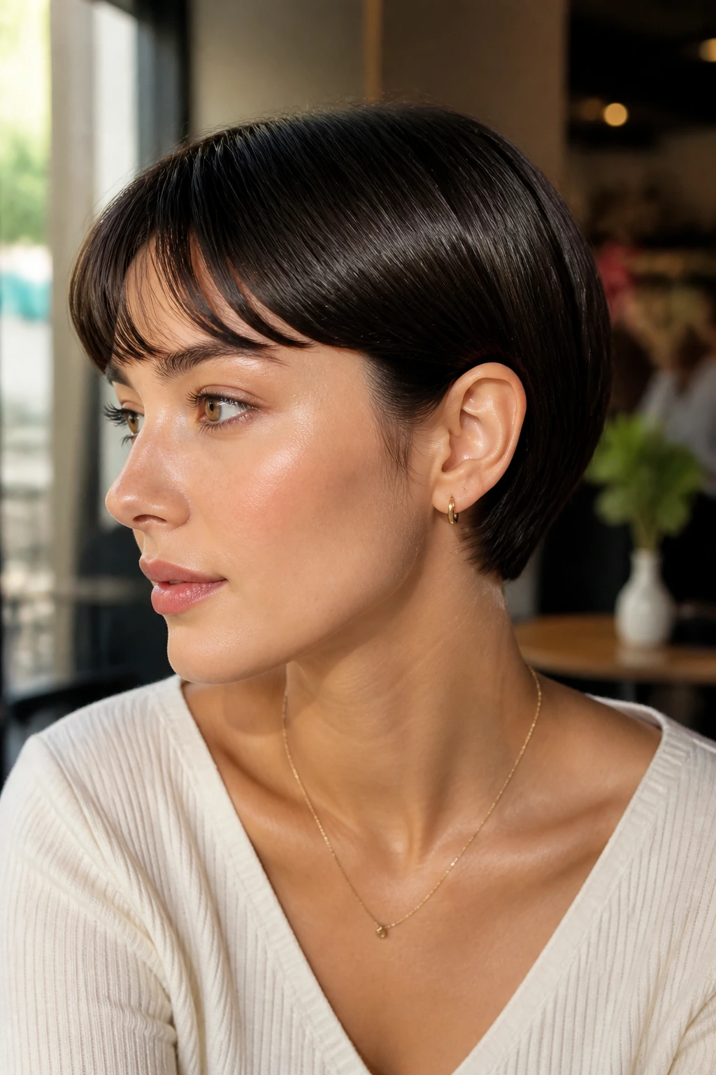 Close-up portrait of a woman with an ear-length sleek crop in sunlit cafe