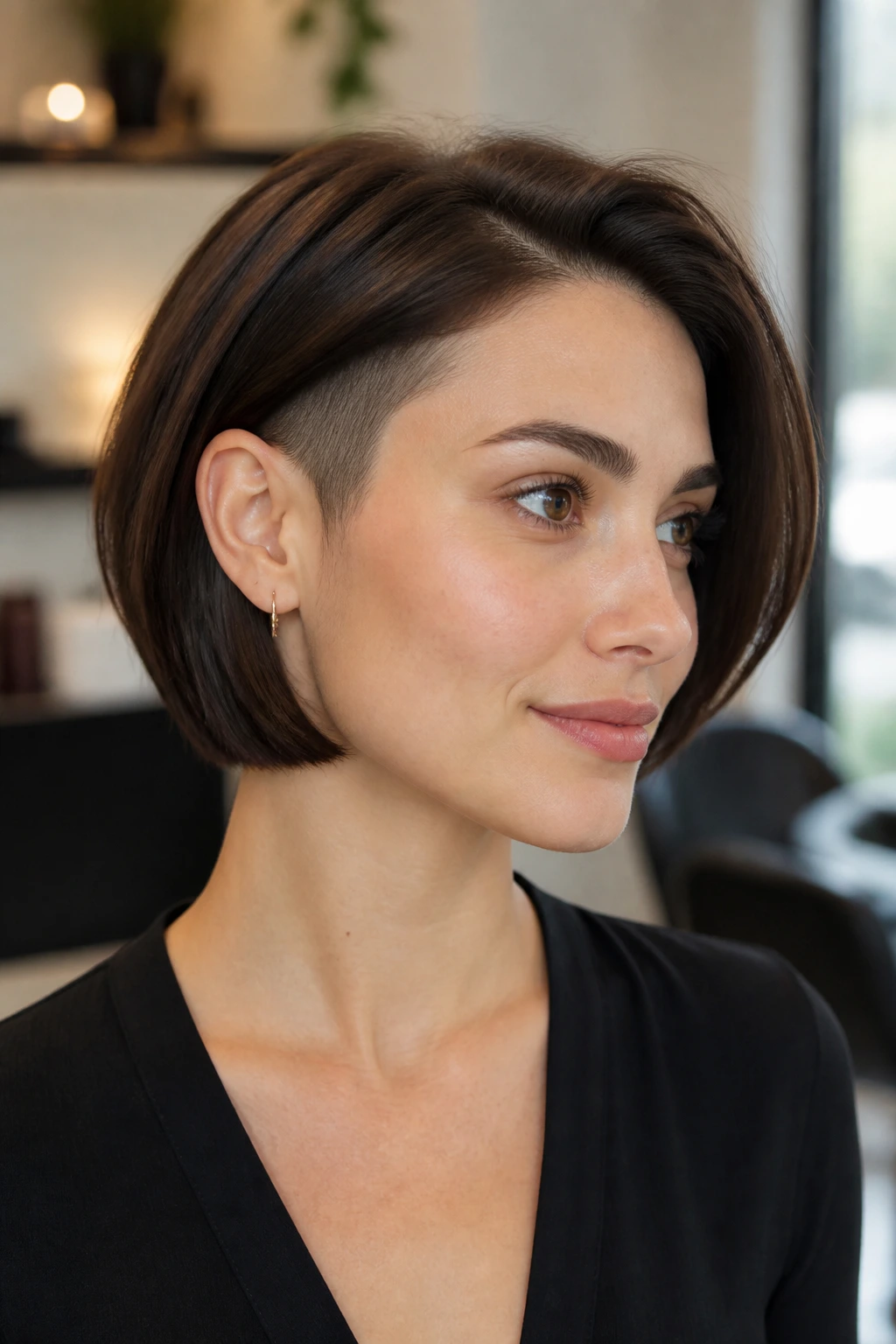 Close-up of a real woman with a sleek French bob and tapered sides in a salon.